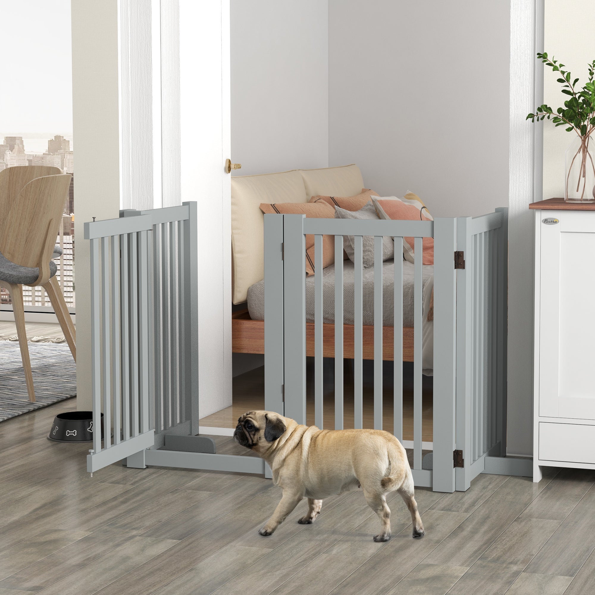 PawHut Free Standing Wooden Pet Gate Indoor Dog Barrier Foldable Step Over Doorway Fence Safety Gate with Open Door Z Shape 4 Panel Light Grey