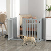 PawHut Free Standing Wooden Pet Gate Indoor Dog Barrier Foldable Step Over Doorway Fence Safety Gate with Open Door Z Shape 4 Panel Light Grey
