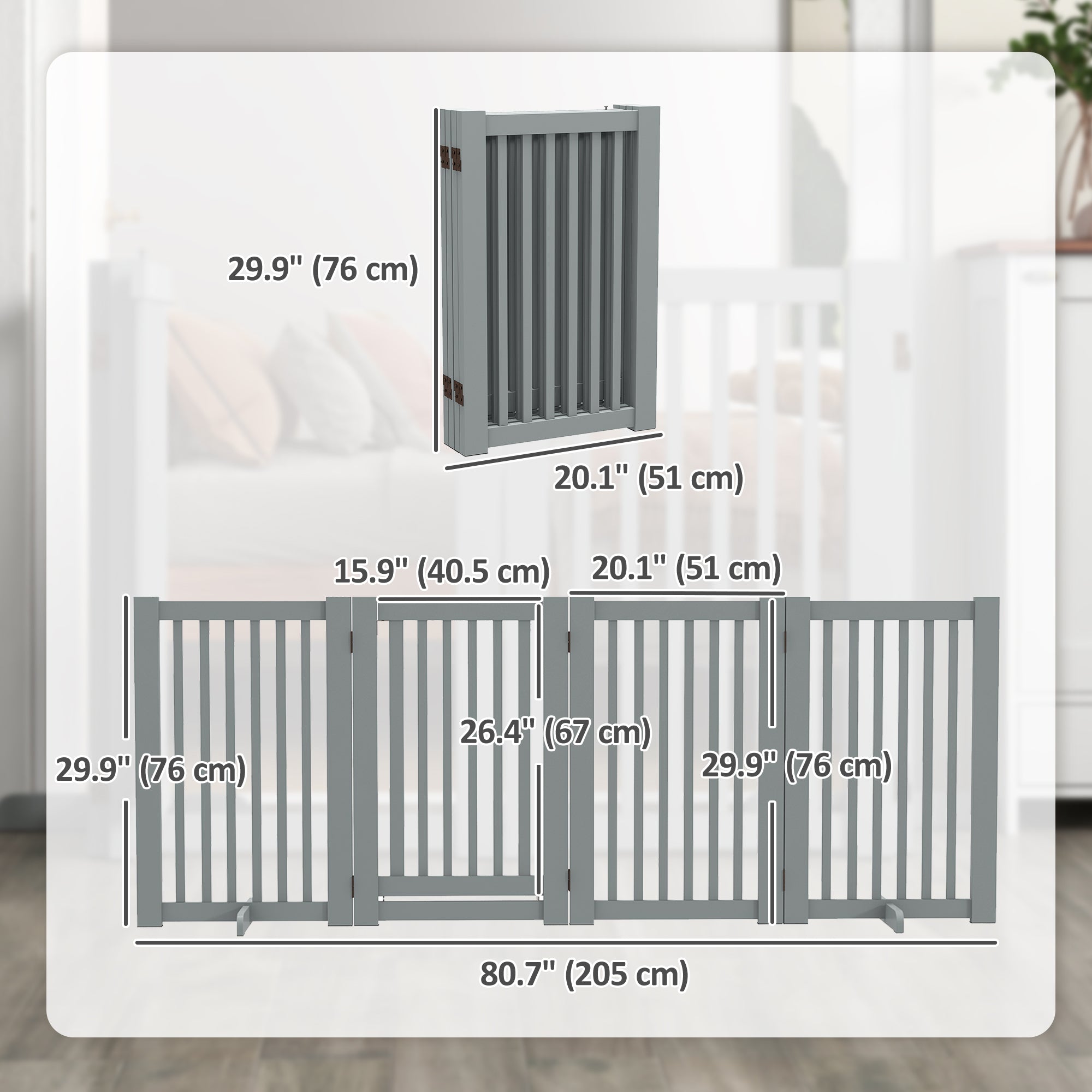 PawHut Free Standing Wooden Pet Gate Indoor Dog Barrier Foldable Step Over Doorway Fence Safety Gate with Open Door Z Shape 4 Panel Light Grey
