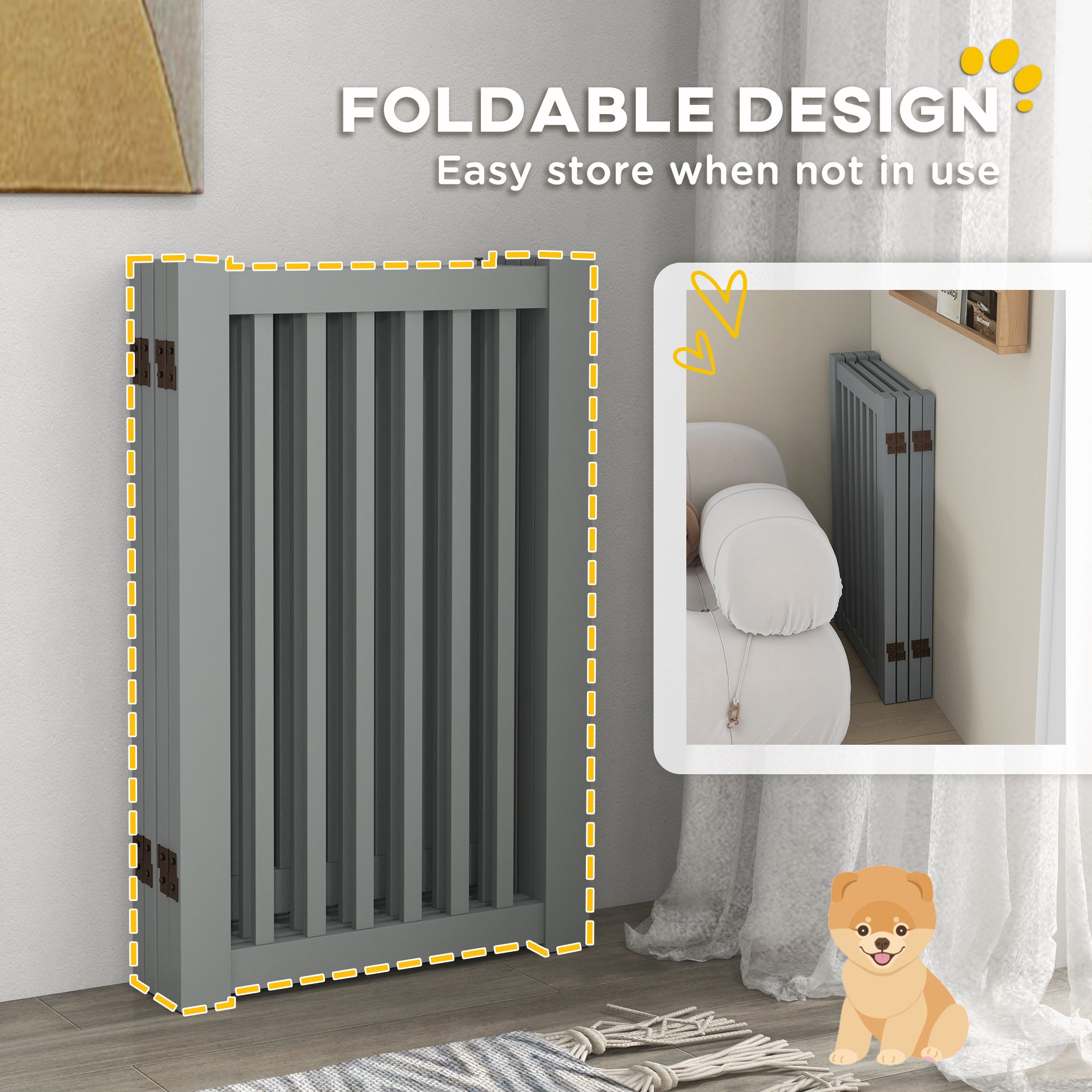 PawHut Free Standing Wooden Pet Gate Indoor Dog Barrier Foldable Step Over Doorway Fence Safety Gate with Open Door Z Shape 4 Panel Light Grey
