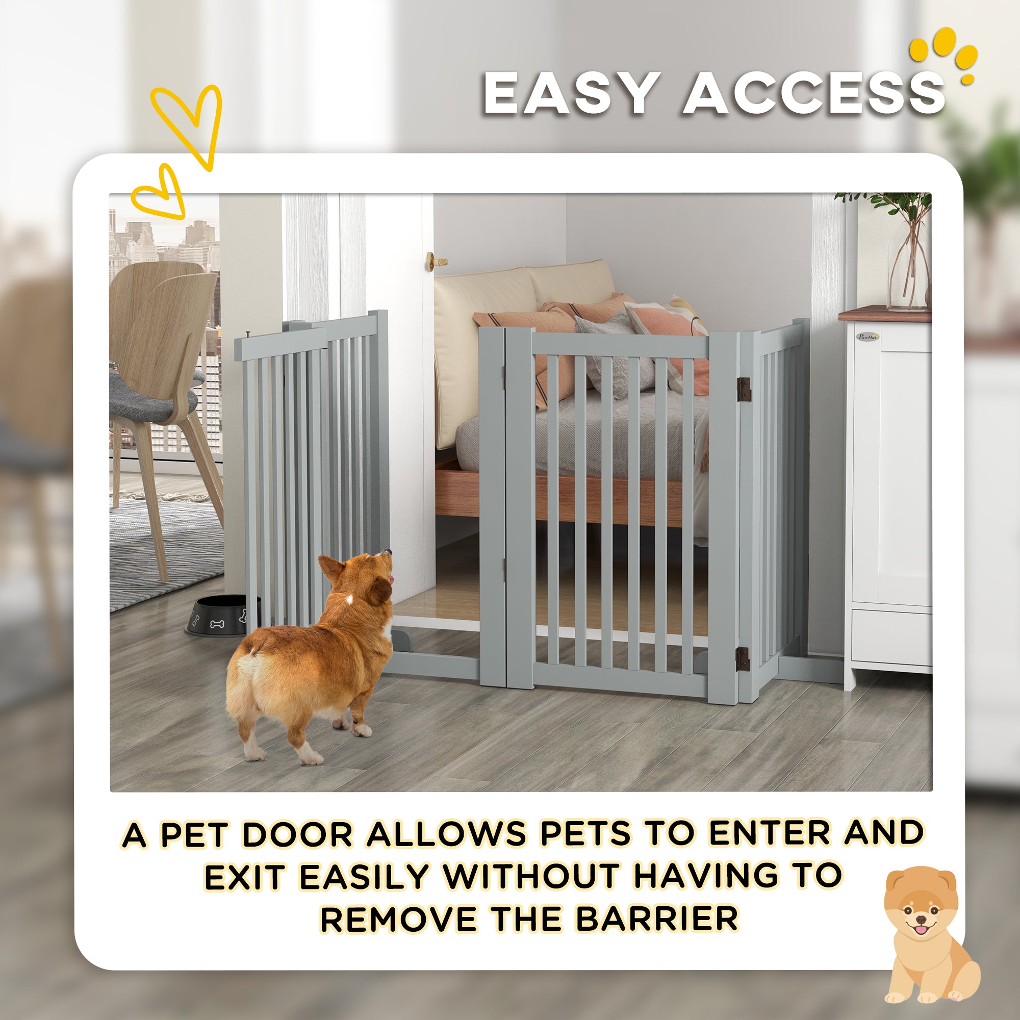 PawHut Free Standing Wooden Pet Gate Indoor Dog Barrier Foldable Step Over Doorway Fence Safety Gate with Open Door Z Shape 4 Panel Light Grey
