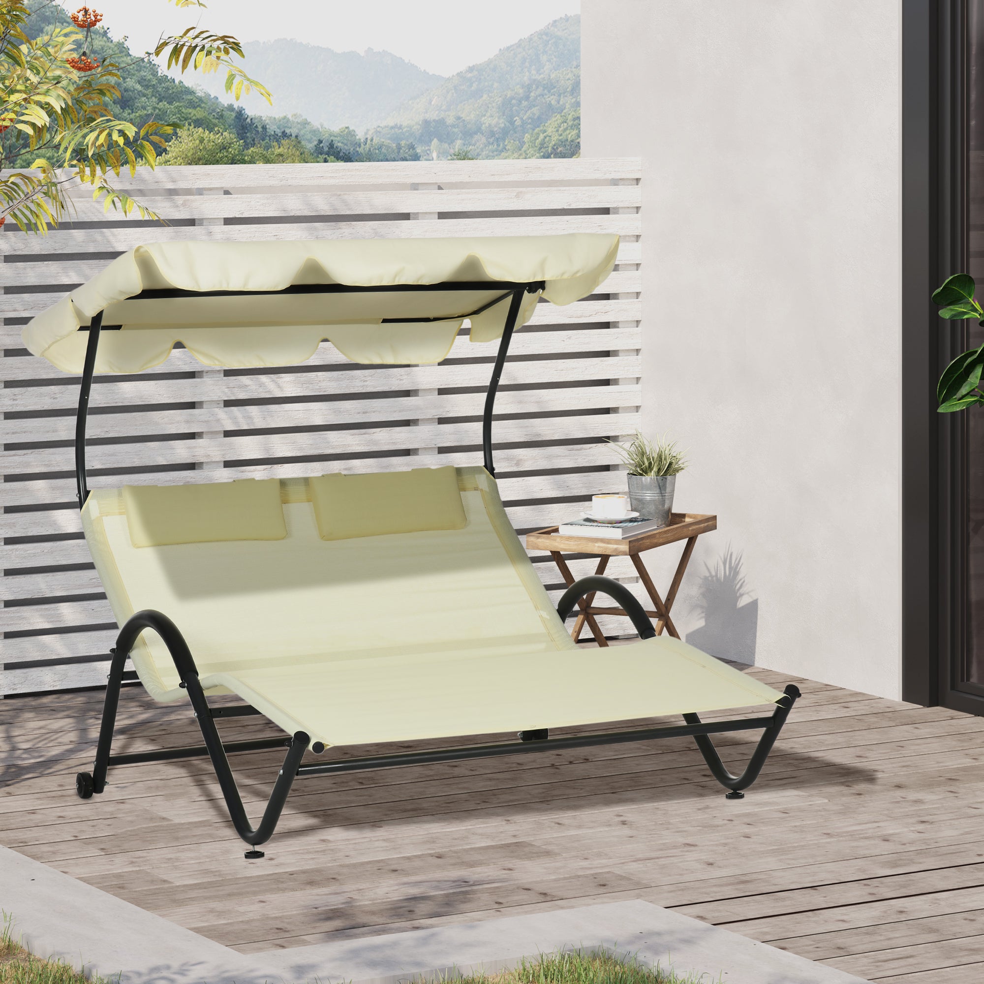 Outsunny Outdoor Patio Chaise Lounge Chair, Patio Sun Lounger w/ Sunshade Roof, for Two People with Wheels and Breathable Sling Mesh Bed, Pillows, Beige