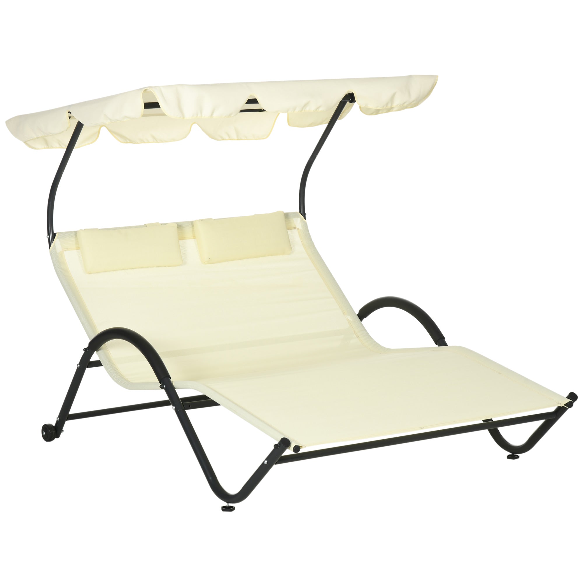 Outsunny Outdoor Patio Chaise Lounge Chair, Patio Sun Lounger w/ Sunshade Roof, for Two People with Wheels and Breathable Sling Mesh Bed, Pillows, Beige