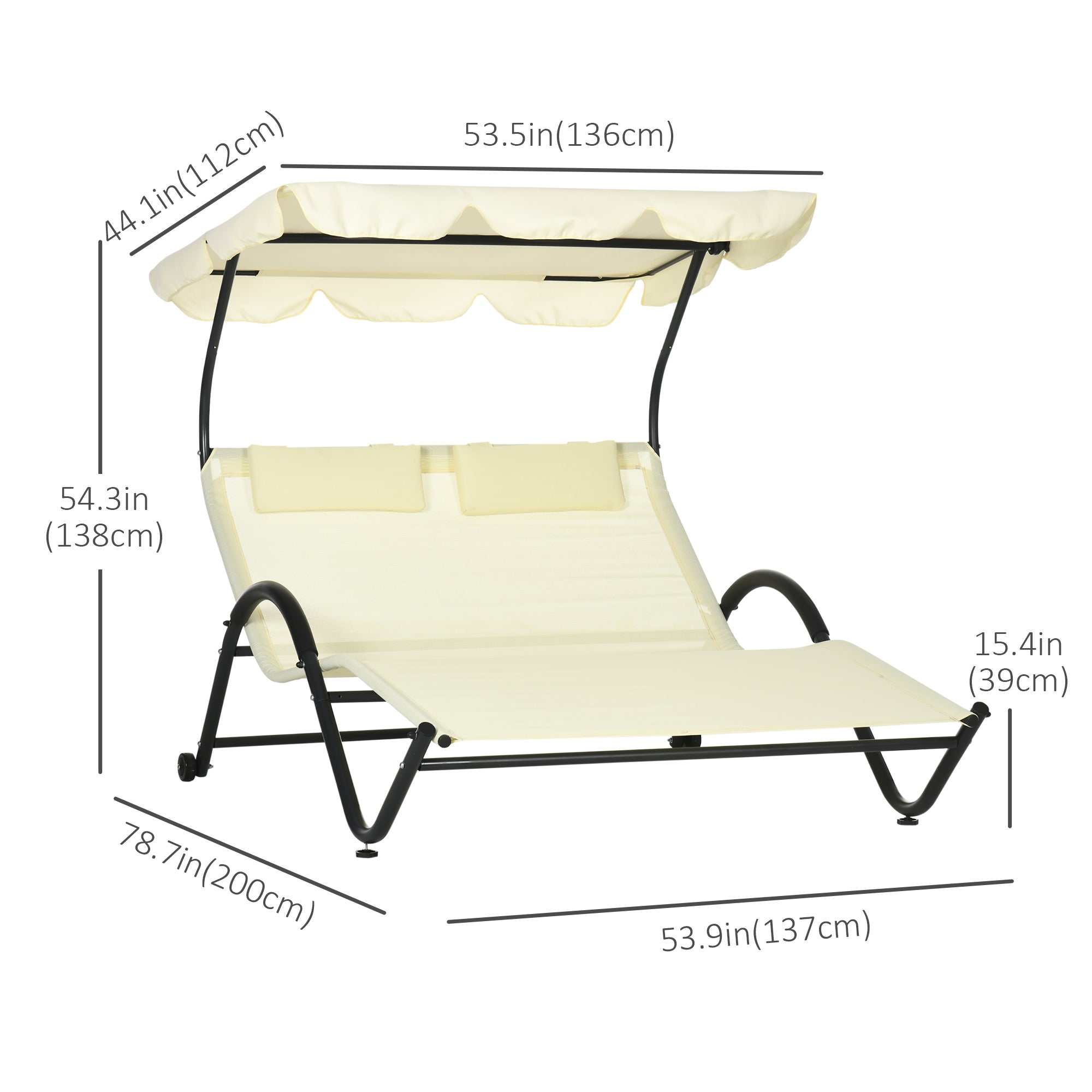 Outsunny Outdoor Patio Chaise Lounge Chair, Patio Sun Lounger w/ Sunshade Roof, for Two People with Wheels and Breathable Sling Mesh Bed, Pillows, Beige