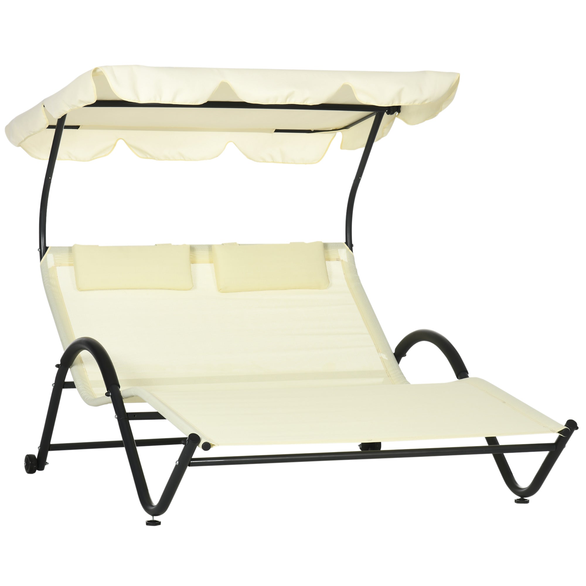 Outsunny Outdoor Patio Chaise Lounge Chair, Patio Sun Lounger w/ Sunshade Roof, for Two People with Wheels and Breathable Sling Mesh Bed, Pillows, Beige