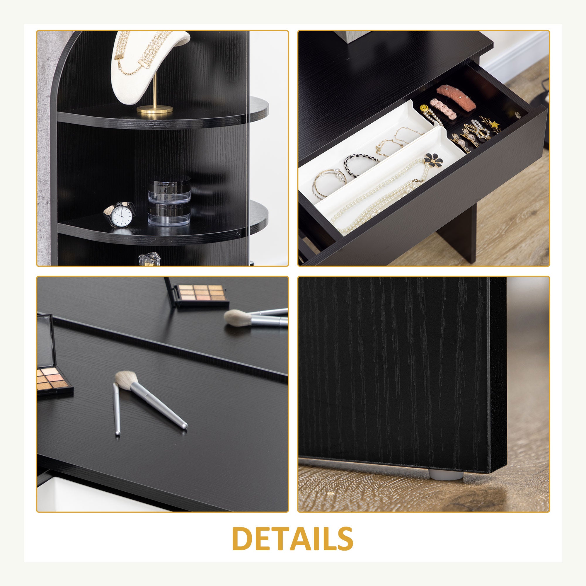 HOMCOM Vanity Table Wood Dressing Table w/ Makeup Mirror, Big Drawers, Open Shelf for Bedroom Black