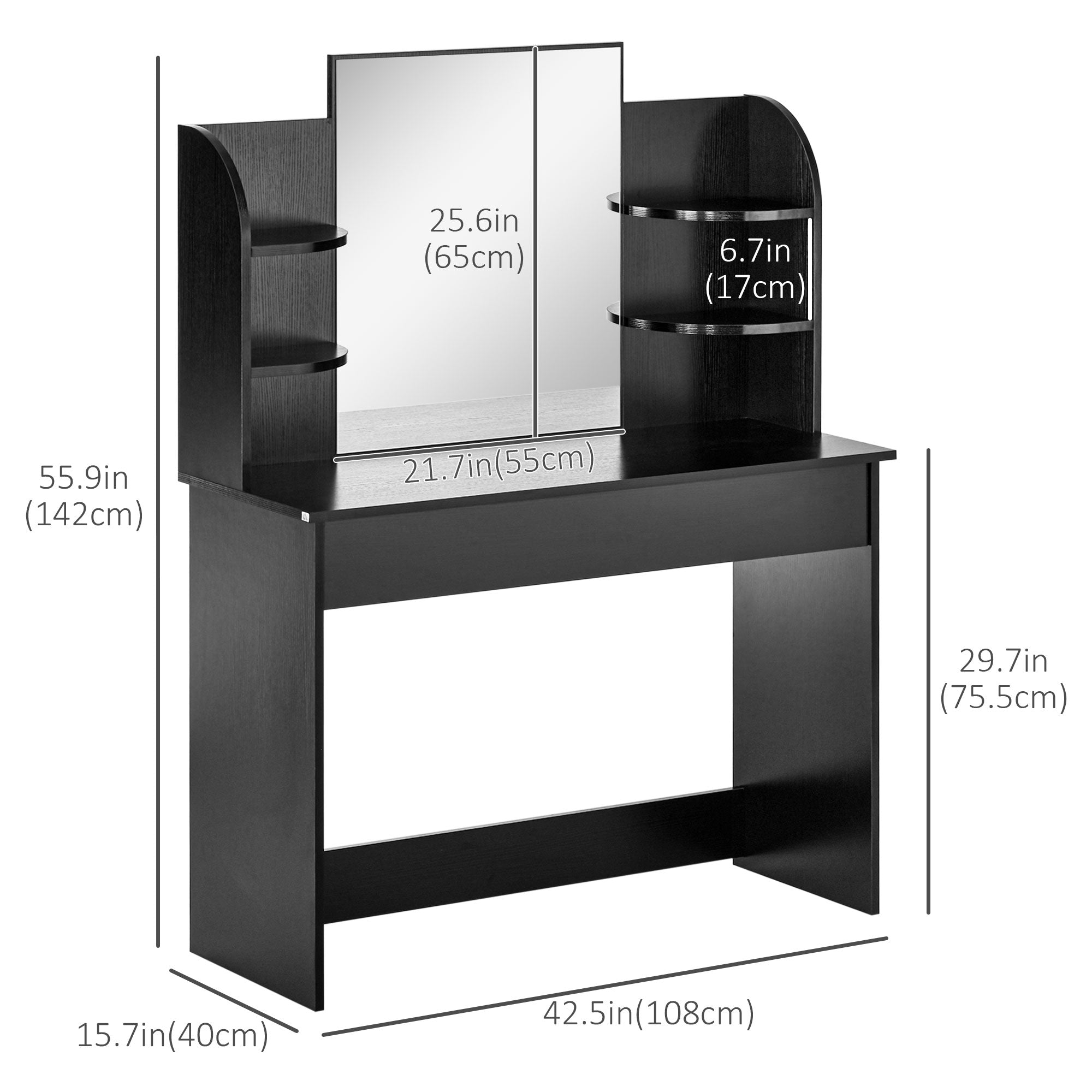HOMCOM Vanity Table Wood Dressing Table w/ Makeup Mirror, Big Drawers, Open Shelf for Bedroom Black