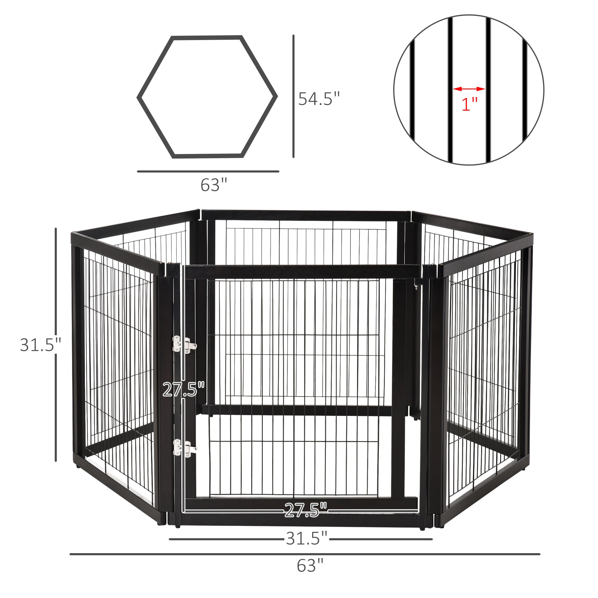 PawHut Transformable Pet Playpen 6 Freestanding Panels Gate Fireplace Christmas Tree Fence Stair Barrier Room Divider with Walk Through Door Wooden Frame Metal Mesh Black 63'' x 54.5'' x 31.5''