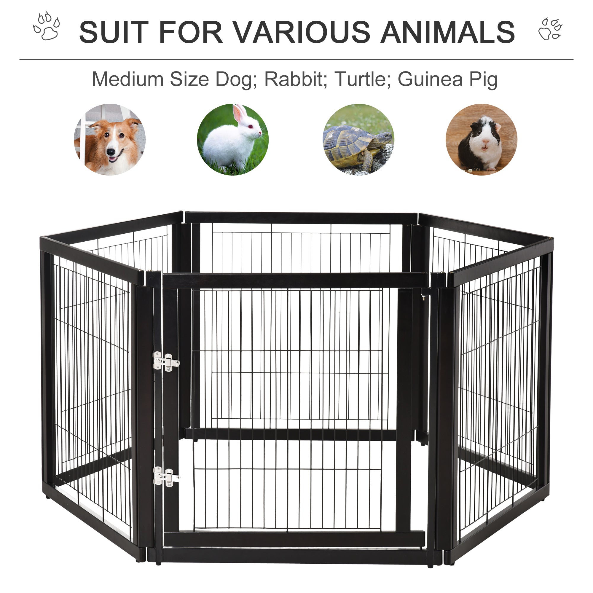 PawHut Transformable Pet Playpen 6 Freestanding Panels Gate Fireplace Christmas Tree Fence Stair Barrier Room Divider with Walk Through Door Wooden Frame Metal Mesh Black 63'' x 54.5'' x 31.5''