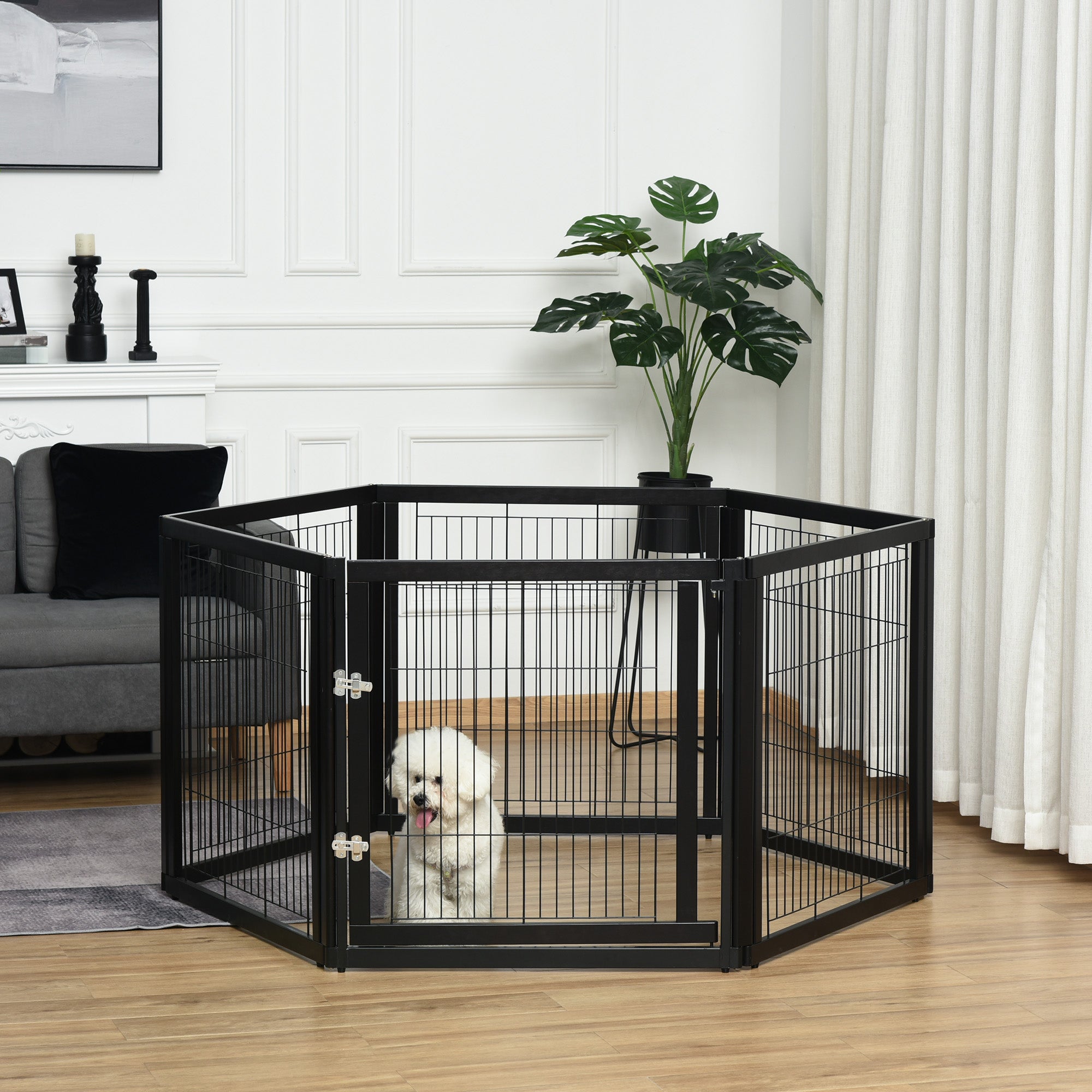 PawHut Transformable Pet Playpen 6 Freestanding Panels Gate Fireplace Christmas Tree Fence Stair Barrier Room Divider with Walk Through Door Wooden Frame Metal Mesh Black 63'' x 54.5'' x 31.5''