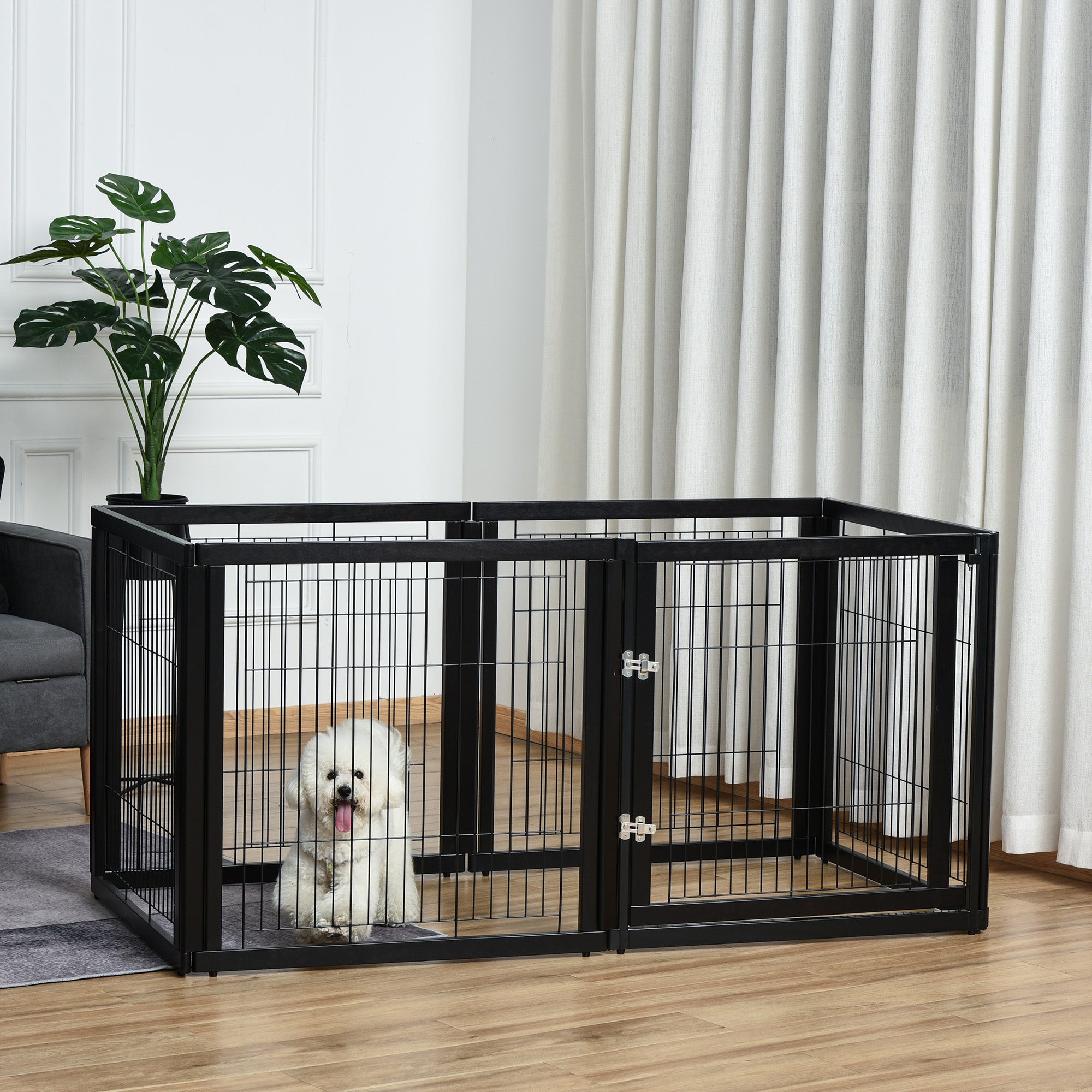 PawHut Transformable Pet Playpen 6 Freestanding Panels Gate Fireplace Christmas Tree Fence Stair Barrier Room Divider with Walk Through Door Wooden Frame Metal Mesh Black 63'' x 54.5'' x 31.5''