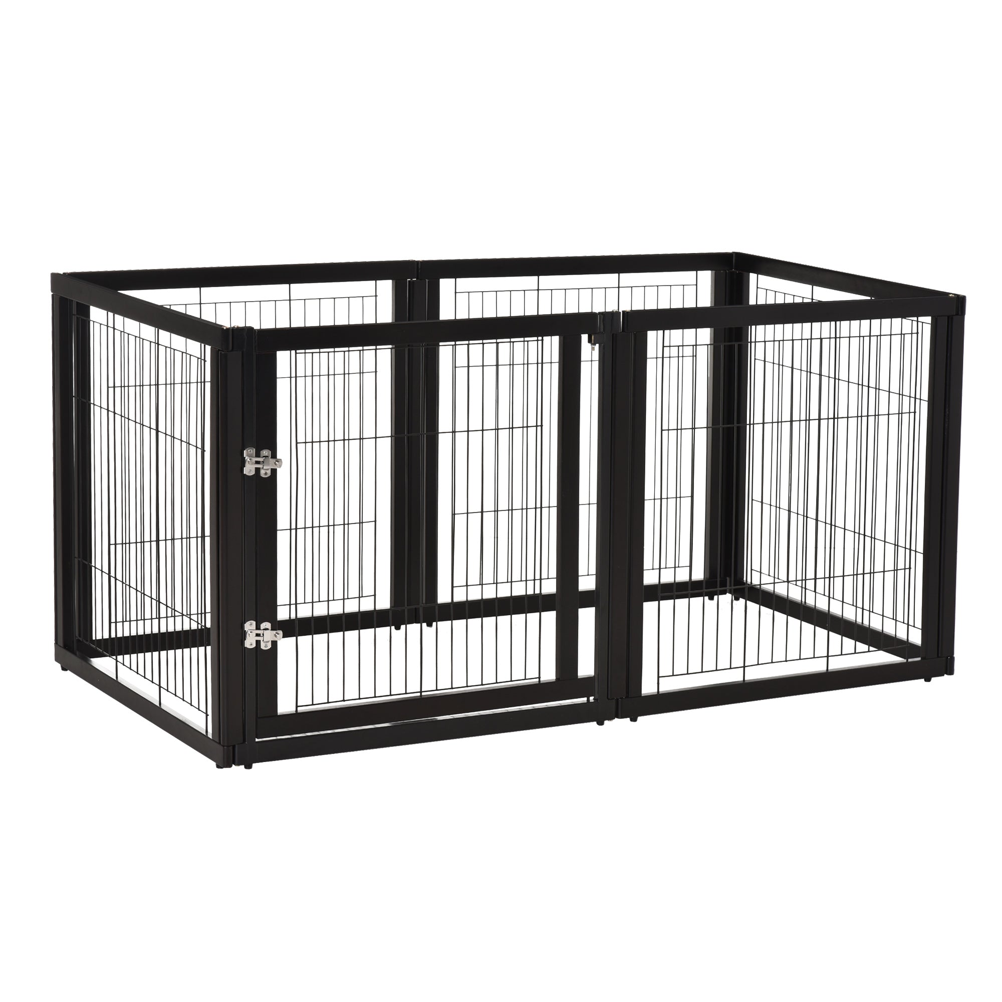 PawHut Transformable Pet Playpen 6 Freestanding Panels Gate Fireplace Christmas Tree Fence Stair Barrier Room Divider with Walk Through Door Wooden Frame Metal Mesh Black 63'' x 54.5'' x 31.5''