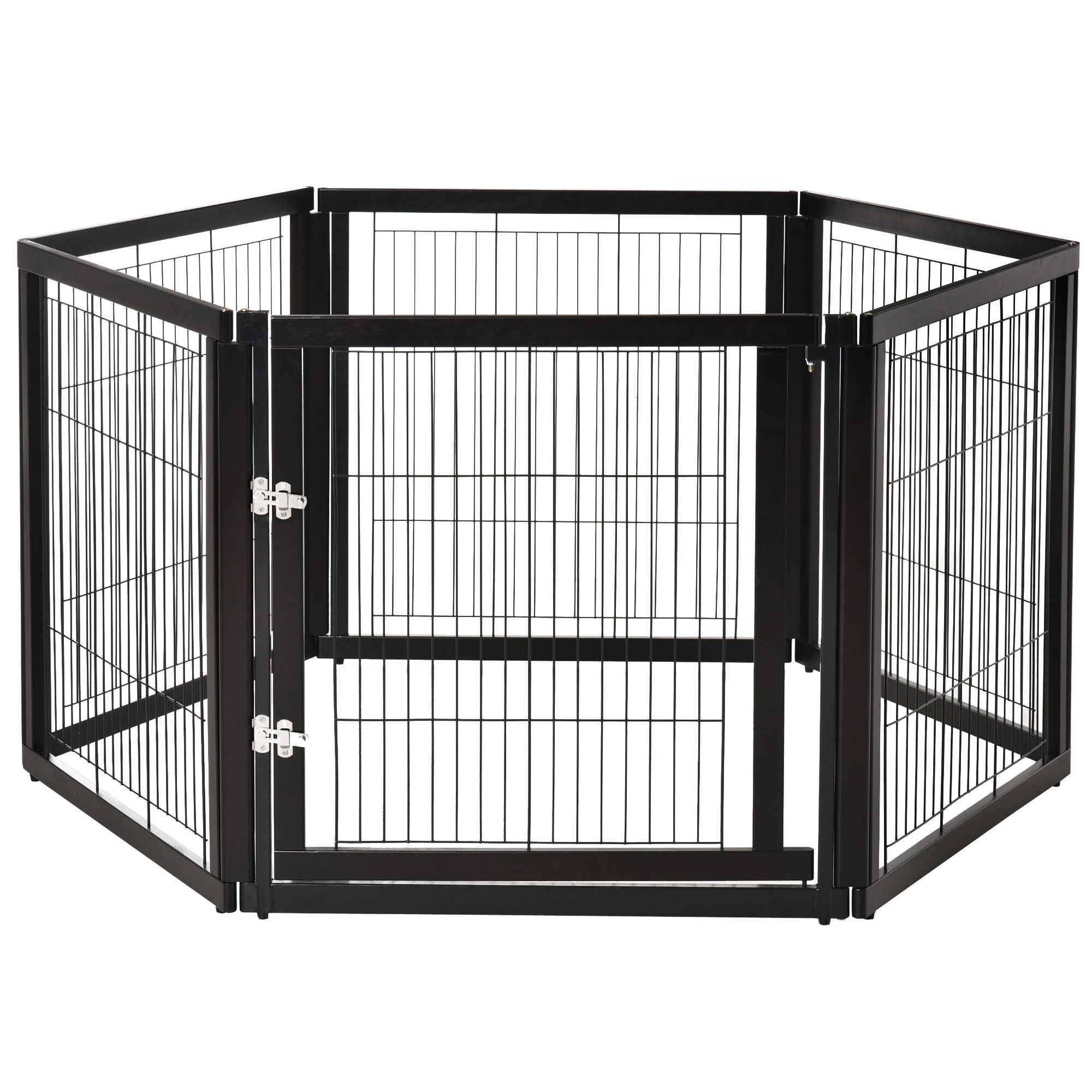 PawHut Transformable Pet Playpen 6 Freestanding Panels Gate Fireplace Christmas Tree Fence Stair Barrier Room Divider with Walk Through Door Wooden Frame Metal Mesh Black 63'' x 54.5'' x 31.5''