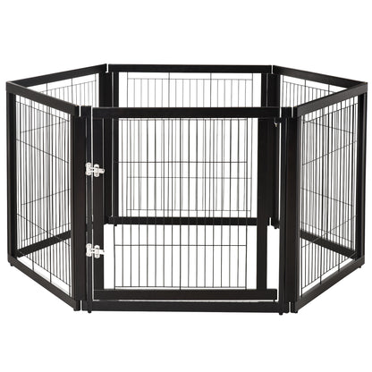 PawHut Transformable Pet Playpen 6 Freestanding Panels Gate Fireplace Christmas Tree Fence Stair Barrier Room Divider with Walk Through Door Wooden Frame Metal Mesh Black 63'' x 54.5'' x 31.5''