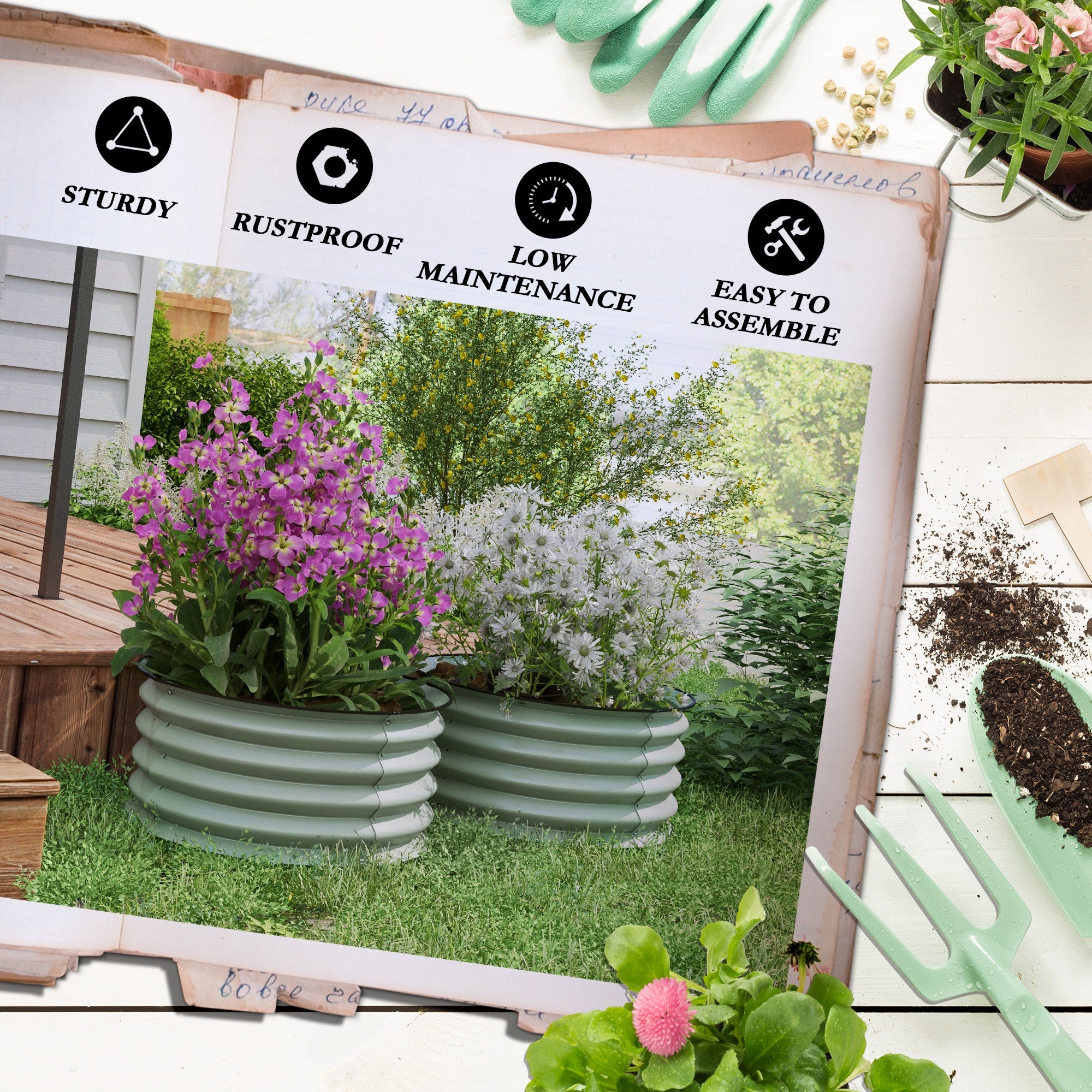 Outsunny 2' x1' Round Raised Garden Bed Set of 2, Outdoor Elevated Planter Box with Safety Edging, Easy-to-assemble Stock Tank for Growing Flowers, Herbs and Vegetables, Green