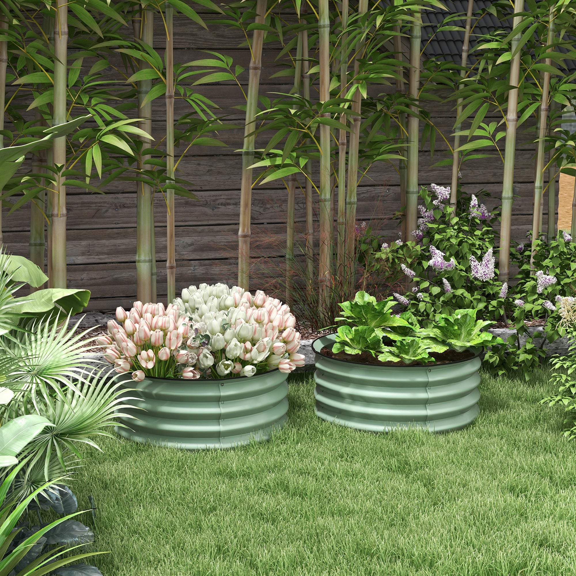 Outsunny 2' x1' Round Raised Garden Bed Set of 2, Outdoor Elevated Planter Box with Safety Edging, Easy-to-assemble Stock Tank for Growing Flowers, Herbs and Vegetables, Green