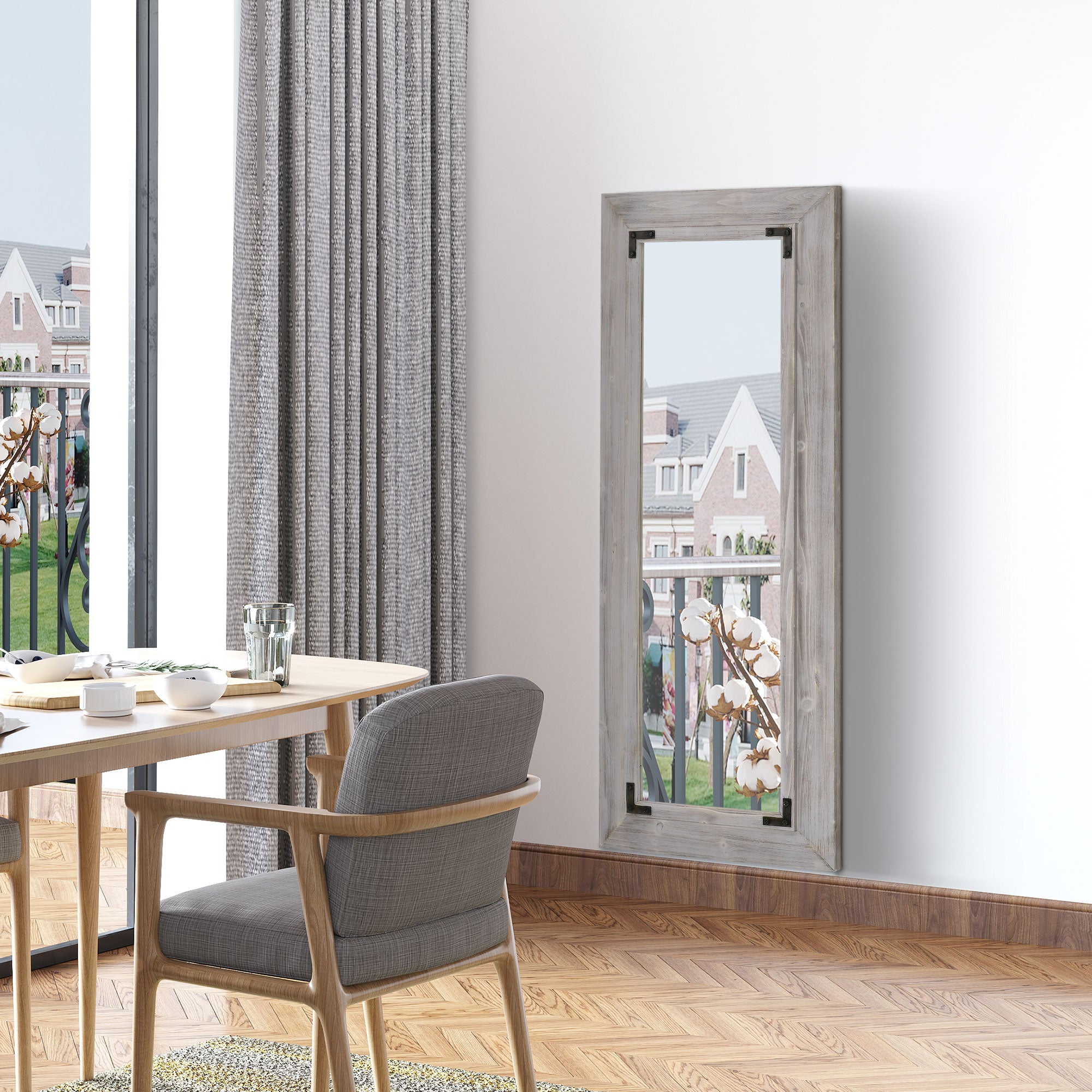 HOMCOM 59" x 23.5" Farmhouse Full Length Mirror, Wall Hang and Leaner Floor Mirror, Vertical and Horizontal, Distressed Wood Framed, for Living Room, Grey