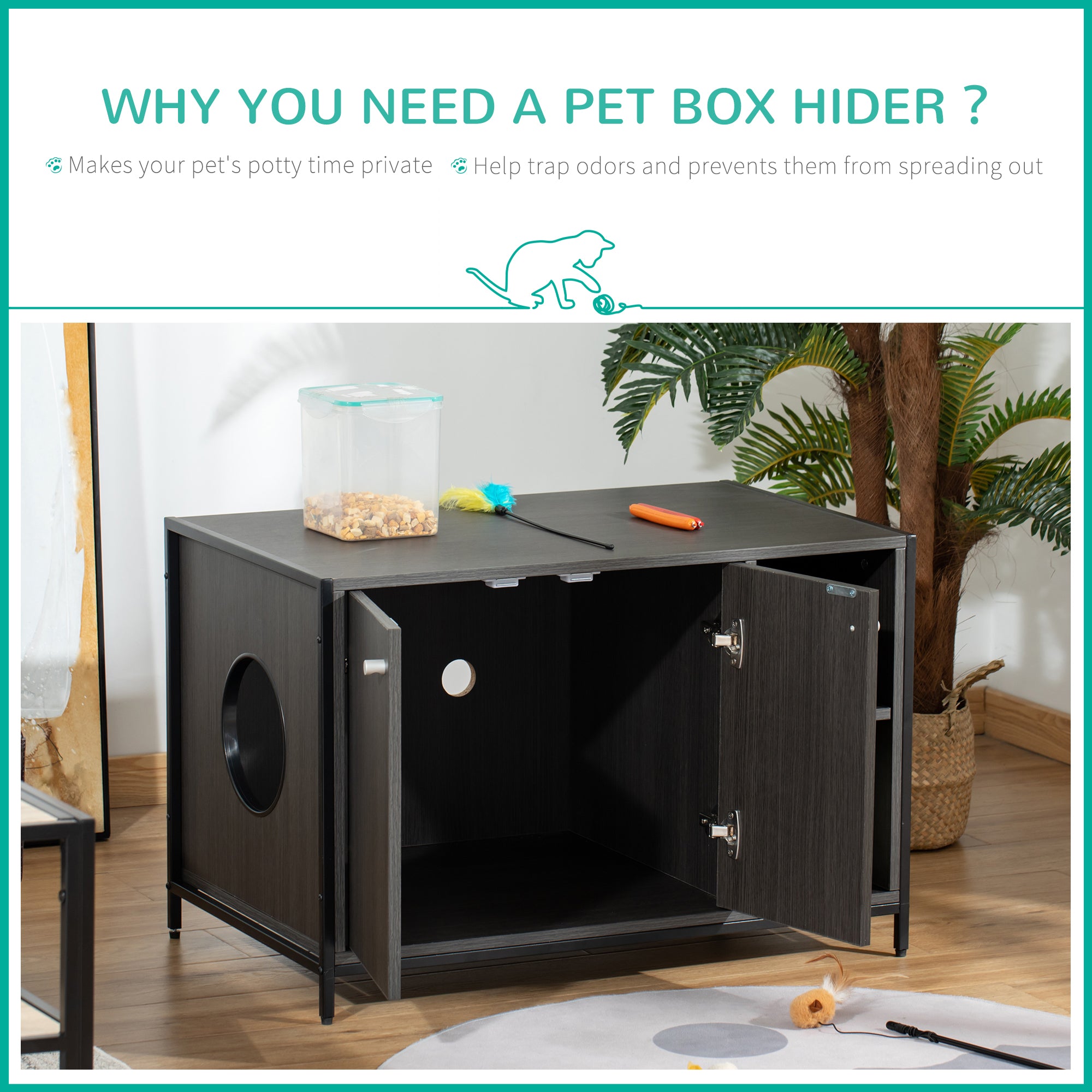 PawHut Large Wooden & Steel Cat Litter Box Enclosure, Kitten Washroom End Table, Indoor Hidden Cat House with Magnetic Doors & Storage Shelves, Black