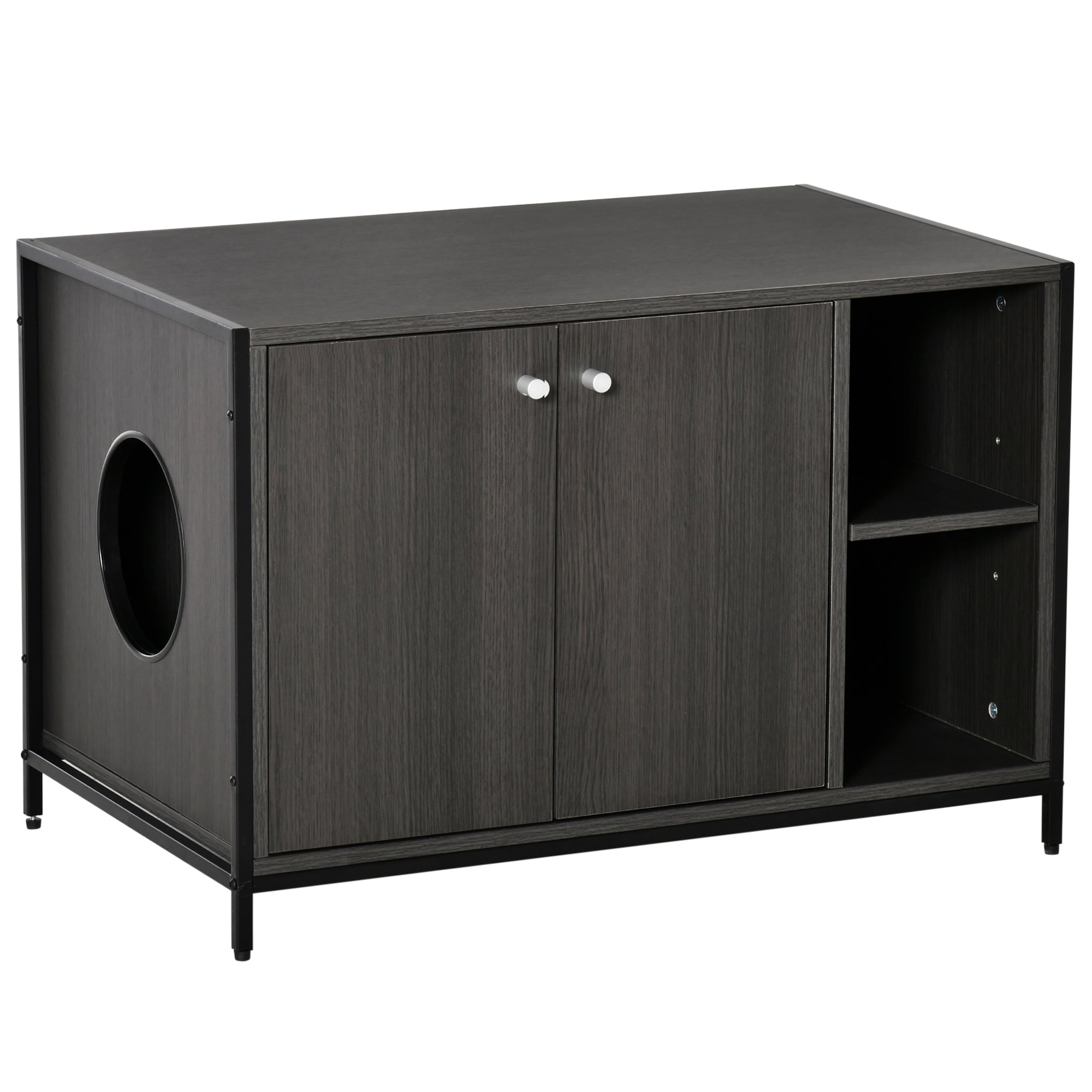 PawHut Large Wooden & Steel Cat Litter Box Enclosure, Kitten Washroom End Table, Indoor Hidden Cat House with Magnetic Doors & Storage Shelves, Black