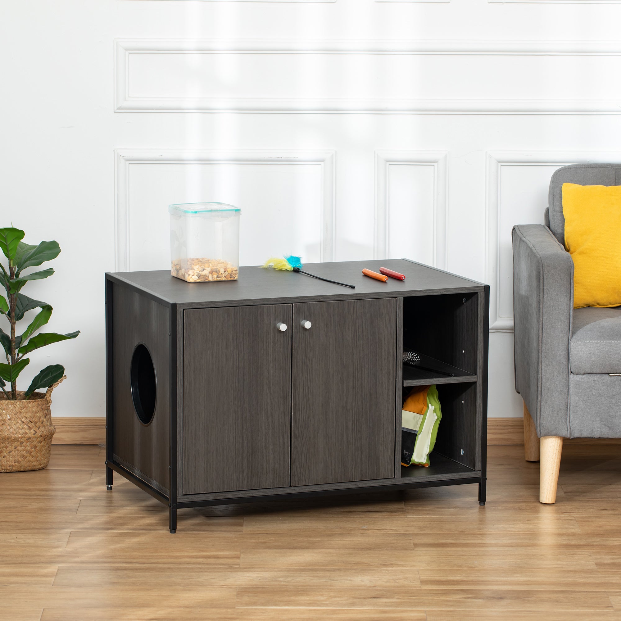 PawHut Large Wooden & Steel Cat Litter Box Enclosure, Kitten Washroom End Table, Indoor Hidden Cat House with Magnetic Doors & Storage Shelves, Black