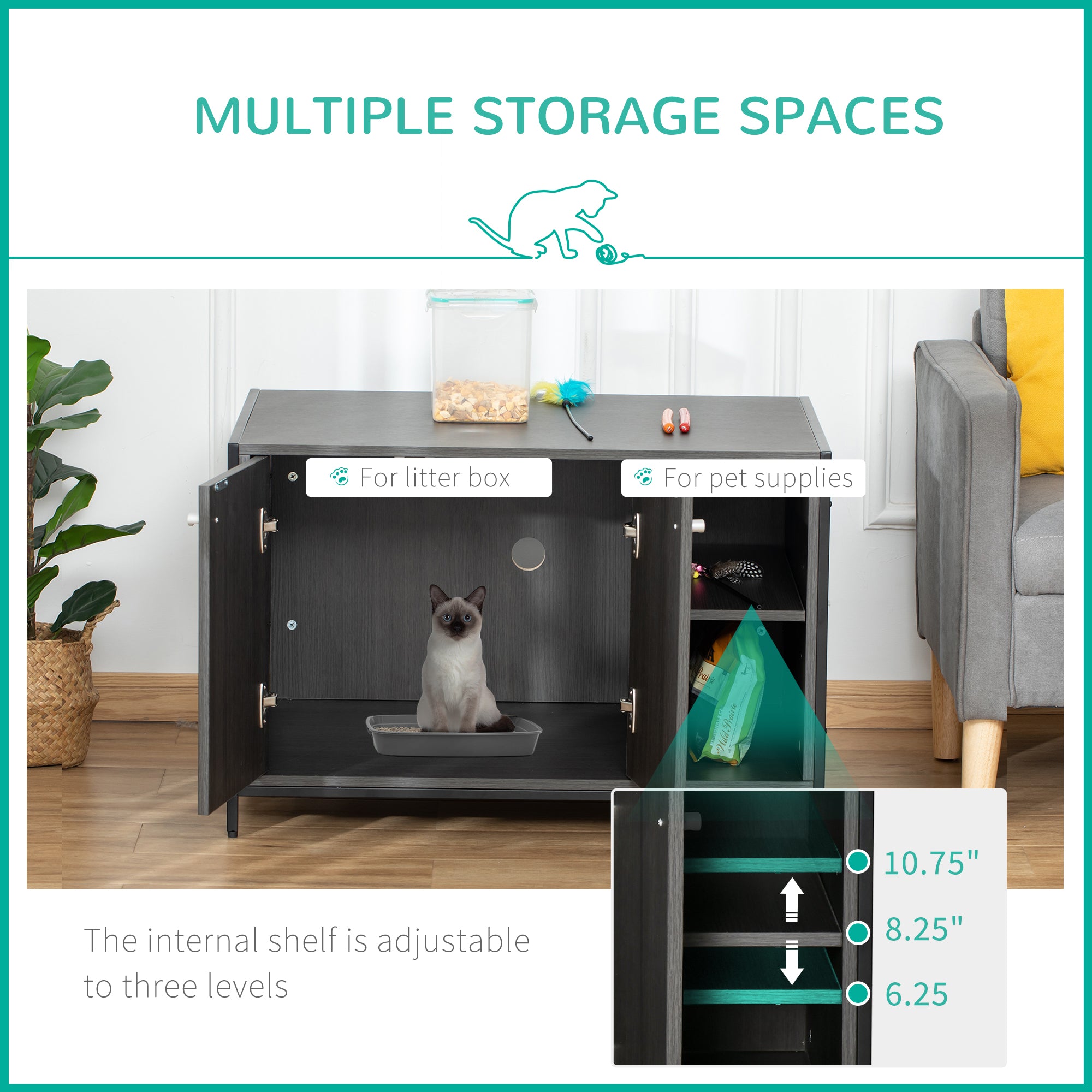 PawHut Large Wooden & Steel Cat Litter Box Enclosure, Kitten Washroom End Table, Indoor Hidden Cat House with Magnetic Doors & Storage Shelves, Black