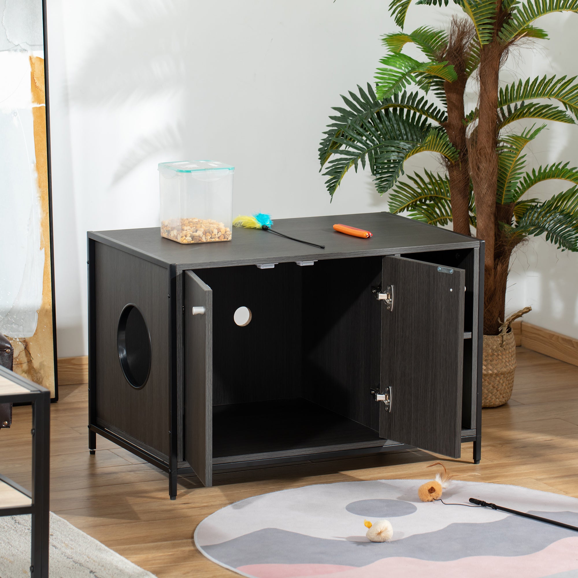 PawHut Large Wooden & Steel Cat Litter Box Enclosure, Kitten Washroom End Table, Indoor Hidden Cat House with Magnetic Doors & Storage Shelves, Black