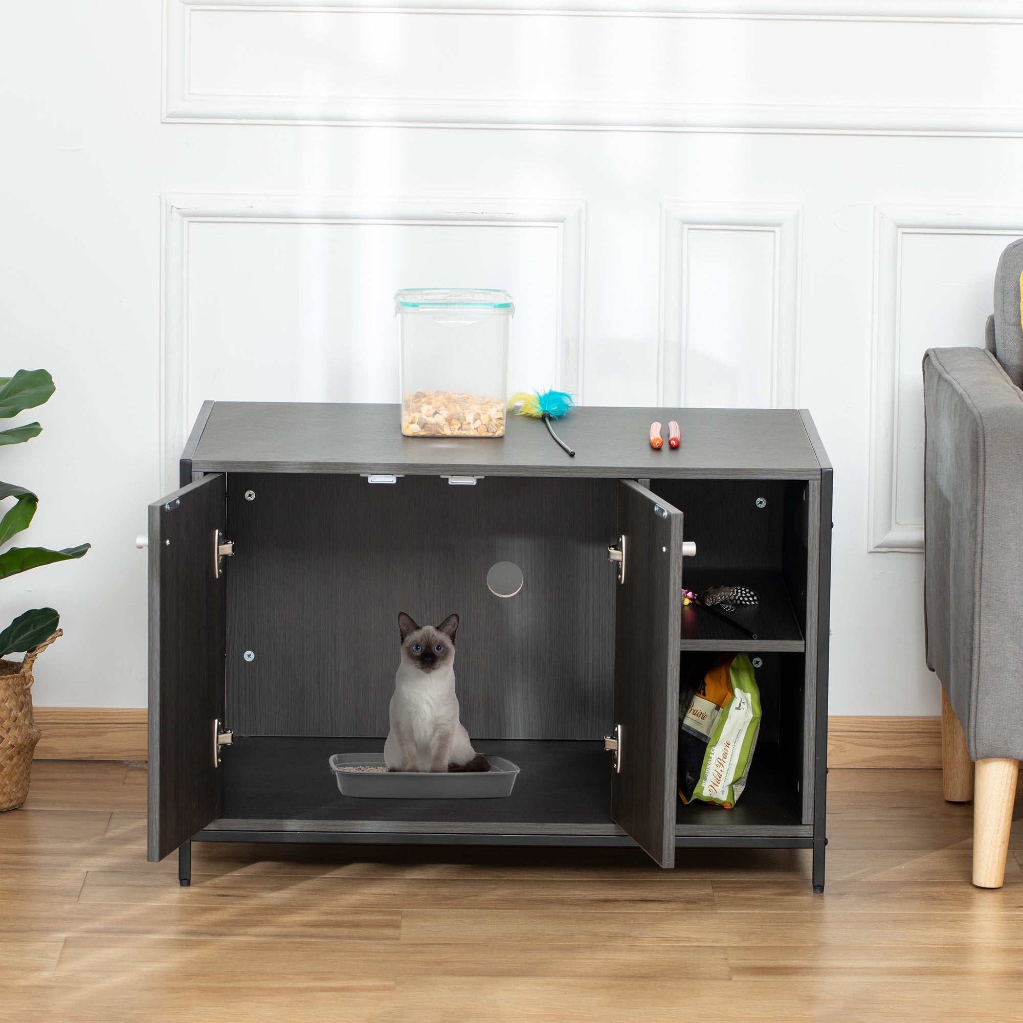 PawHut Large Wooden & Steel Cat Litter Box Enclosure, Kitten Washroom End Table, Indoor Hidden Cat House with Magnetic Doors & Storage Shelves, Black