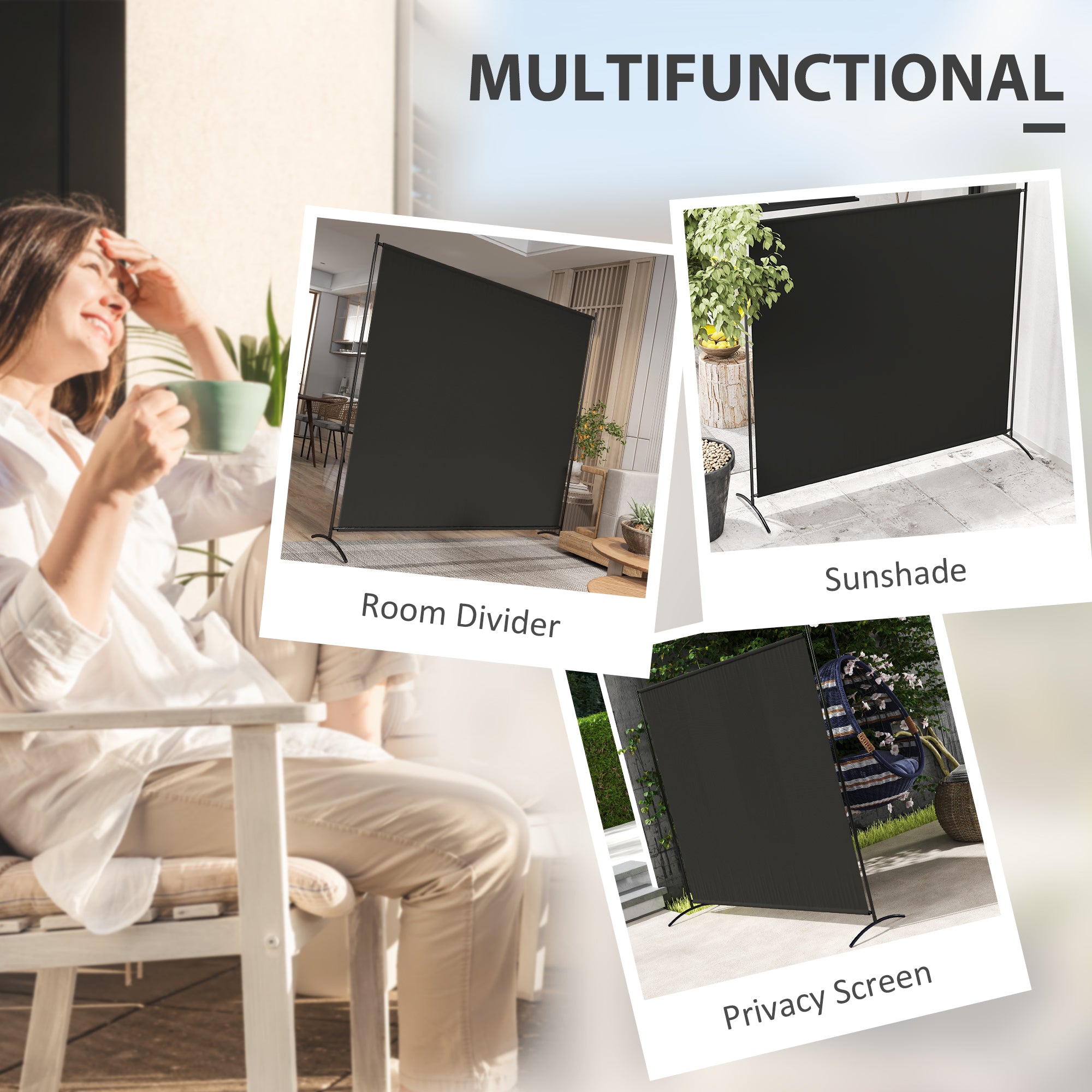 Outsunny Single Outdoor Privacy Screen, 5.9FT Tall Room Divider with UV30+ Protection, Freestanding Privacy Panel Partition with Stable Base for Indoor Outdoor Use, Black