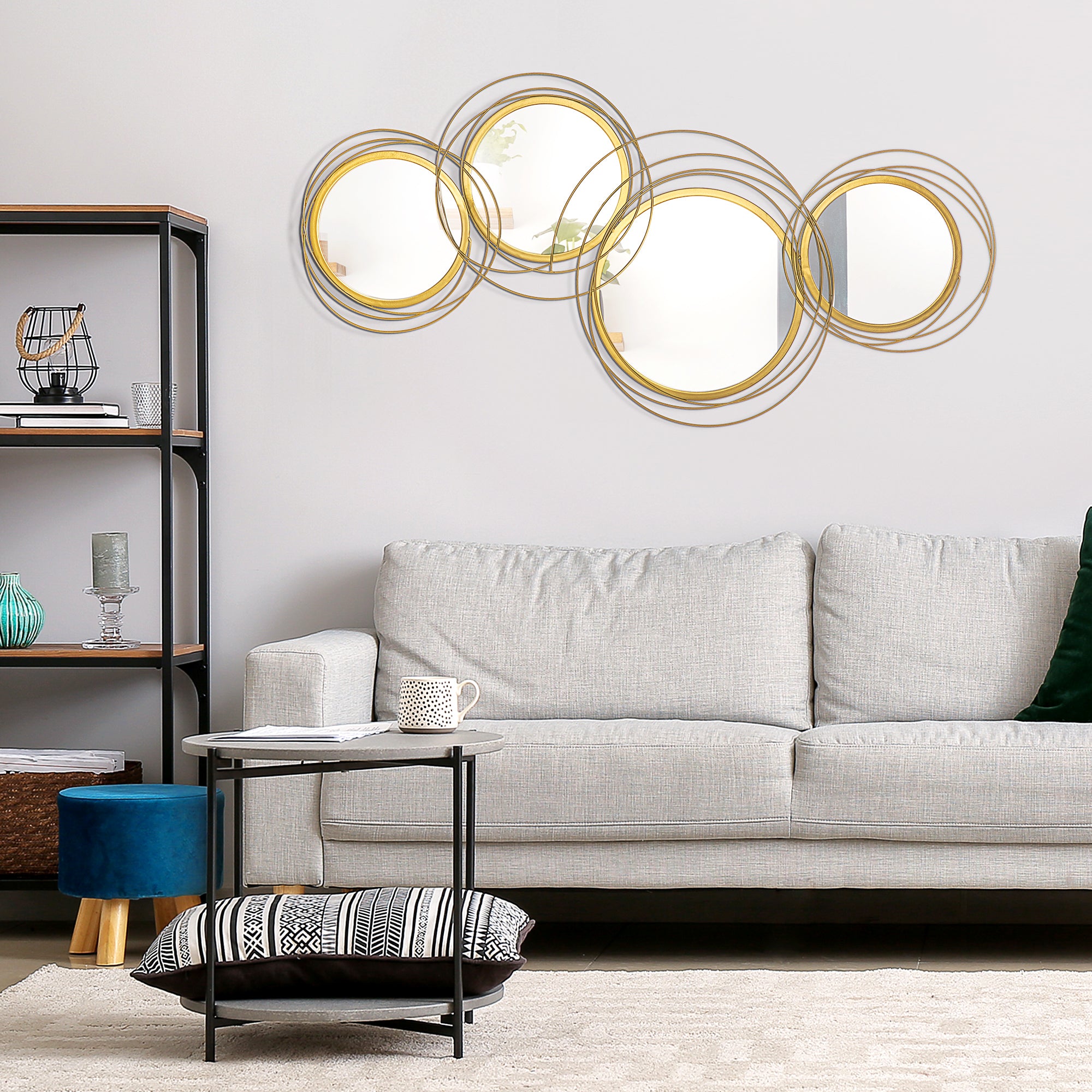HOMCOM Metal Wall Art Modern Mirror Decor Home Hanging Wall Sculptures for Living Room Bedroom Dining Room, 42.25" W x 22" H, Gold