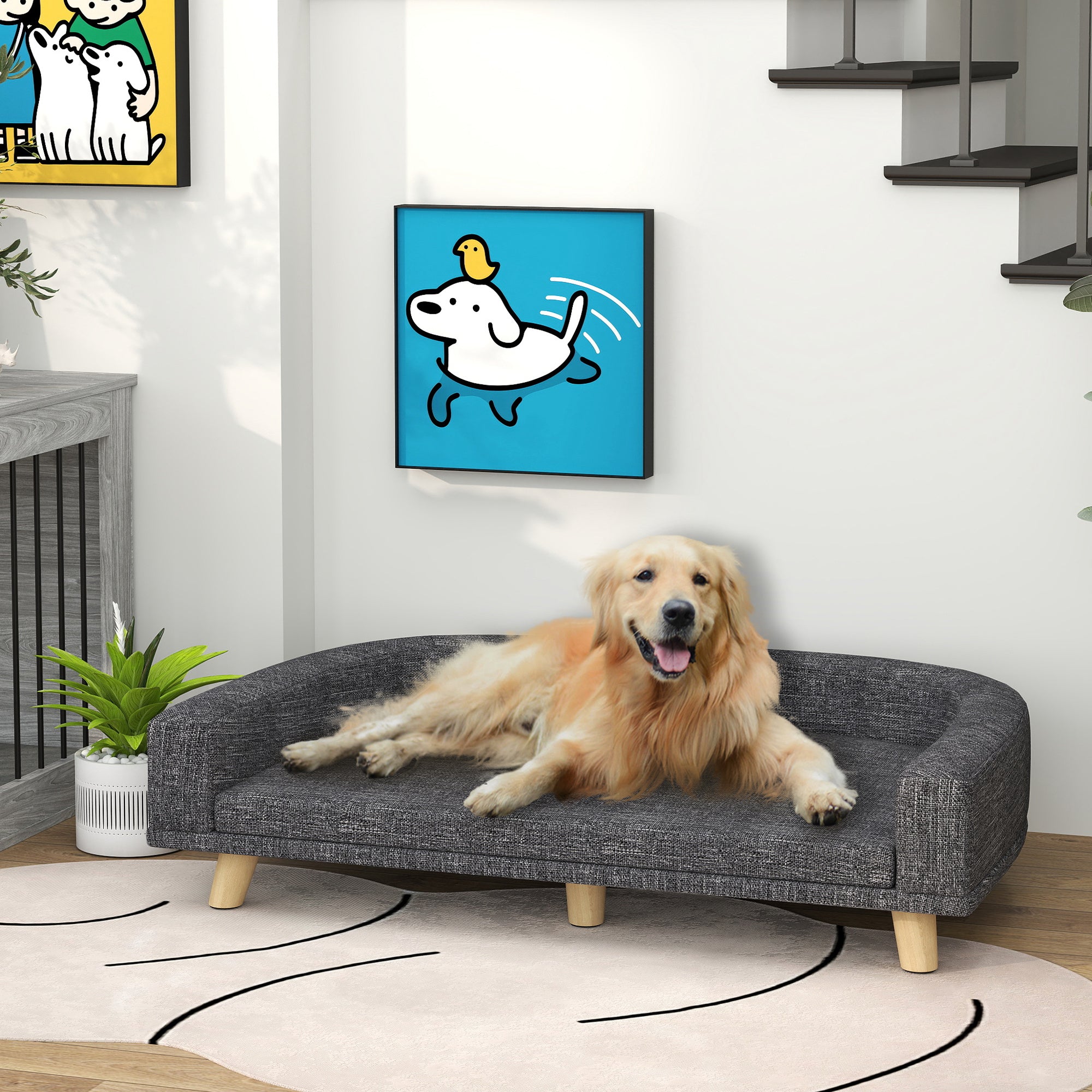 PawHut Dog Sofa, Dog Couch Bed for Large Dogs, Elevated Pet Cat Sofa Bed with Removable Washable Cover, Anti-slip Foot Pads, Dark Grey