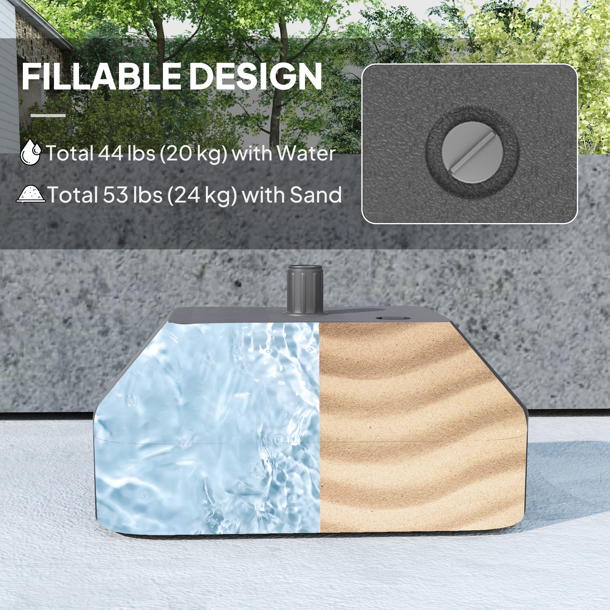 Outsunny Fillable Patio Umbrella Base, Heavy Duty Outdoor Umbrella Stand Base Patio Umbrella Stand, Filled Up to 53lbs with Stand or 44lbs with Water for Deck Poolside, Black