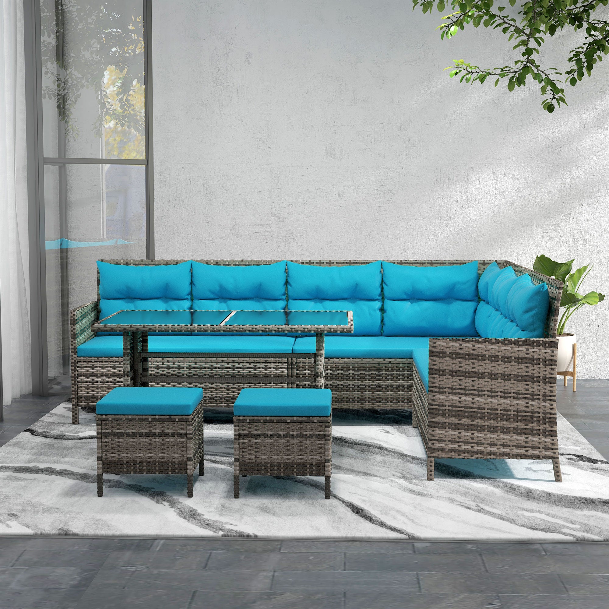 Outsunny 6 Pieces Patio Dining Set Wicker Outdoor Furniture Set Garden Rattan Sofa Set Outdoor Sectional Couch with Cushions, Dining Table and Ottomans, Sky Blue
