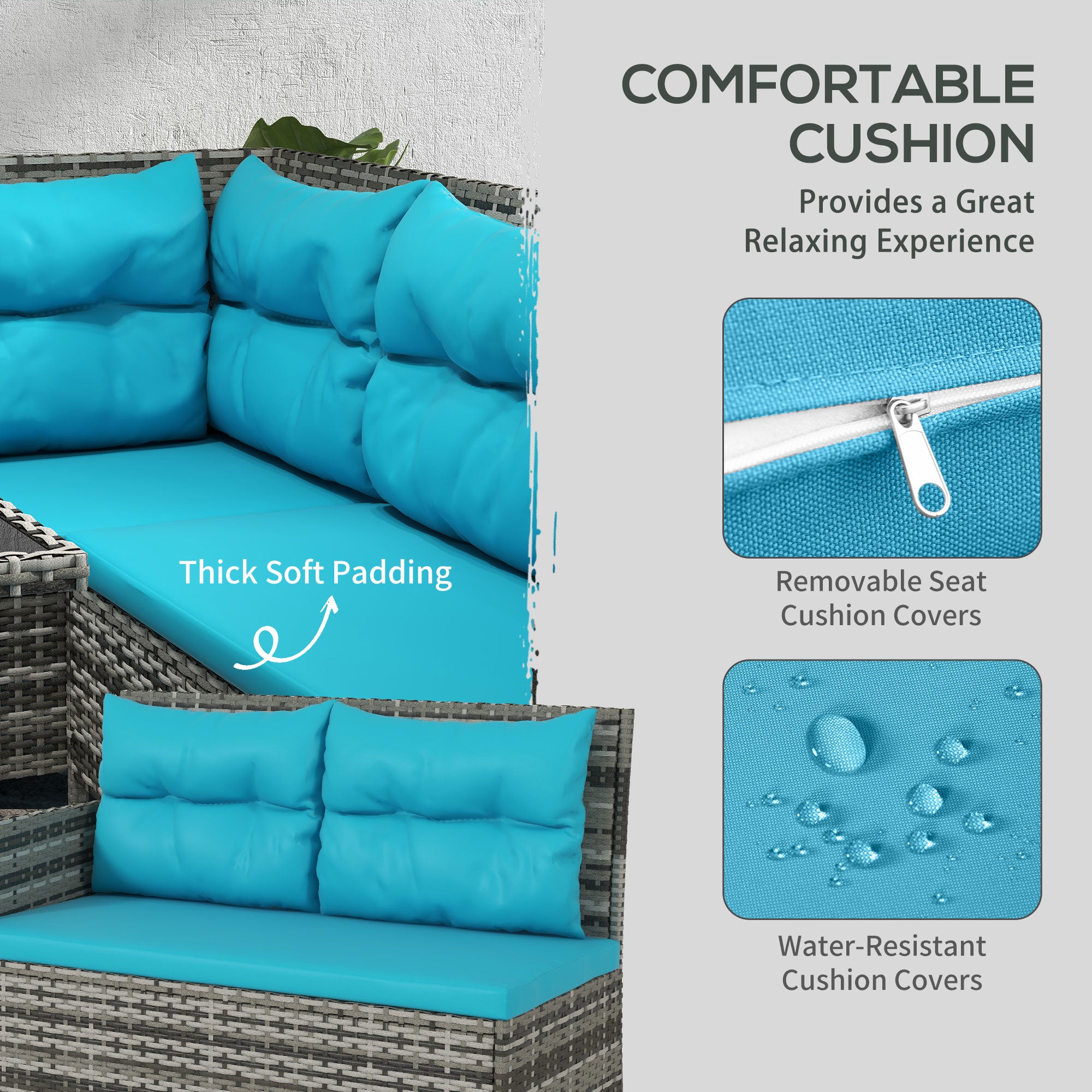 Outsunny 6 Pieces Patio Dining Set Wicker Outdoor Furniture Set Garden Rattan Sofa Set Outdoor Sectional Couch with Cushions, Dining Table and Ottomans, Sky Blue