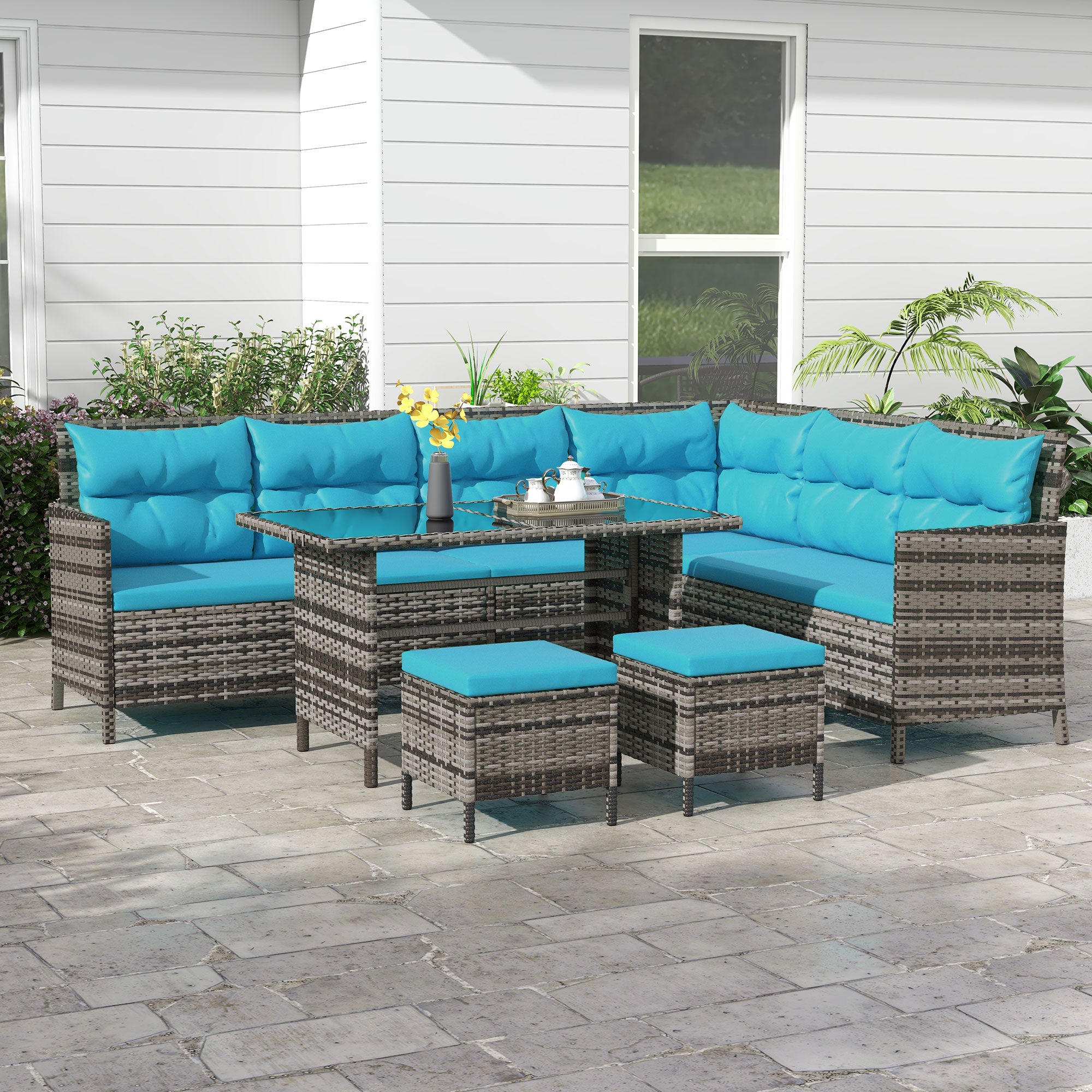 Outsunny 6 Pieces Patio Dining Set Wicker Outdoor Furniture Set Garden Rattan Sofa Set Outdoor Sectional Couch with Cushions, Dining Table and Ottomans, Sky Blue
