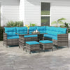 Outsunny 6 Pieces Patio Dining Set Wicker Outdoor Furniture Set Garden Rattan Sofa Set Outdoor Sectional Couch with Cushions, Dining Table and Ottomans, Sky Blue