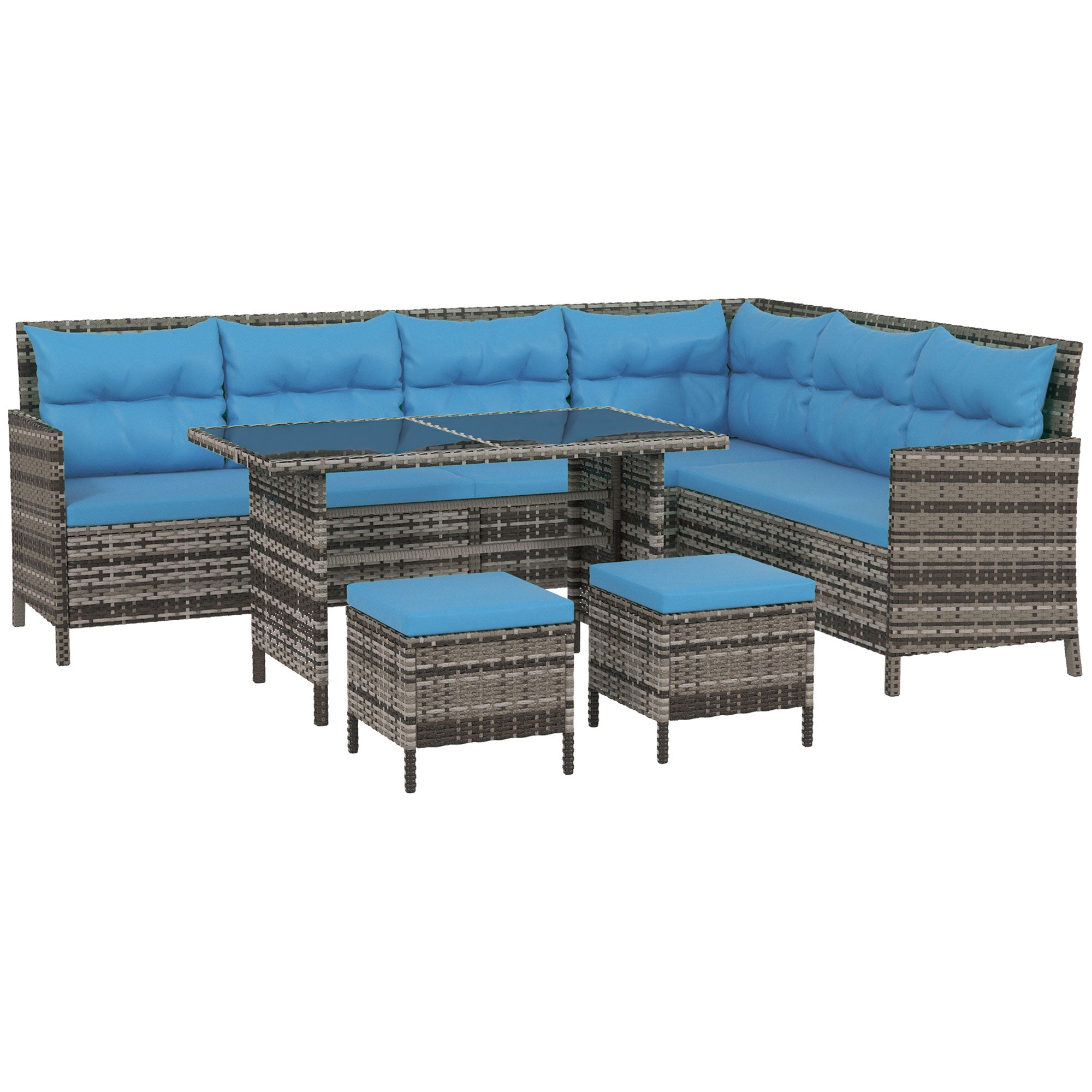 Outsunny 6 Pieces Patio Dining Set Wicker Outdoor Furniture Set Garden Rattan Sofa Set Outdoor Sectional Couch with Cushions, Dining Table and Ottomans, Sky Blue