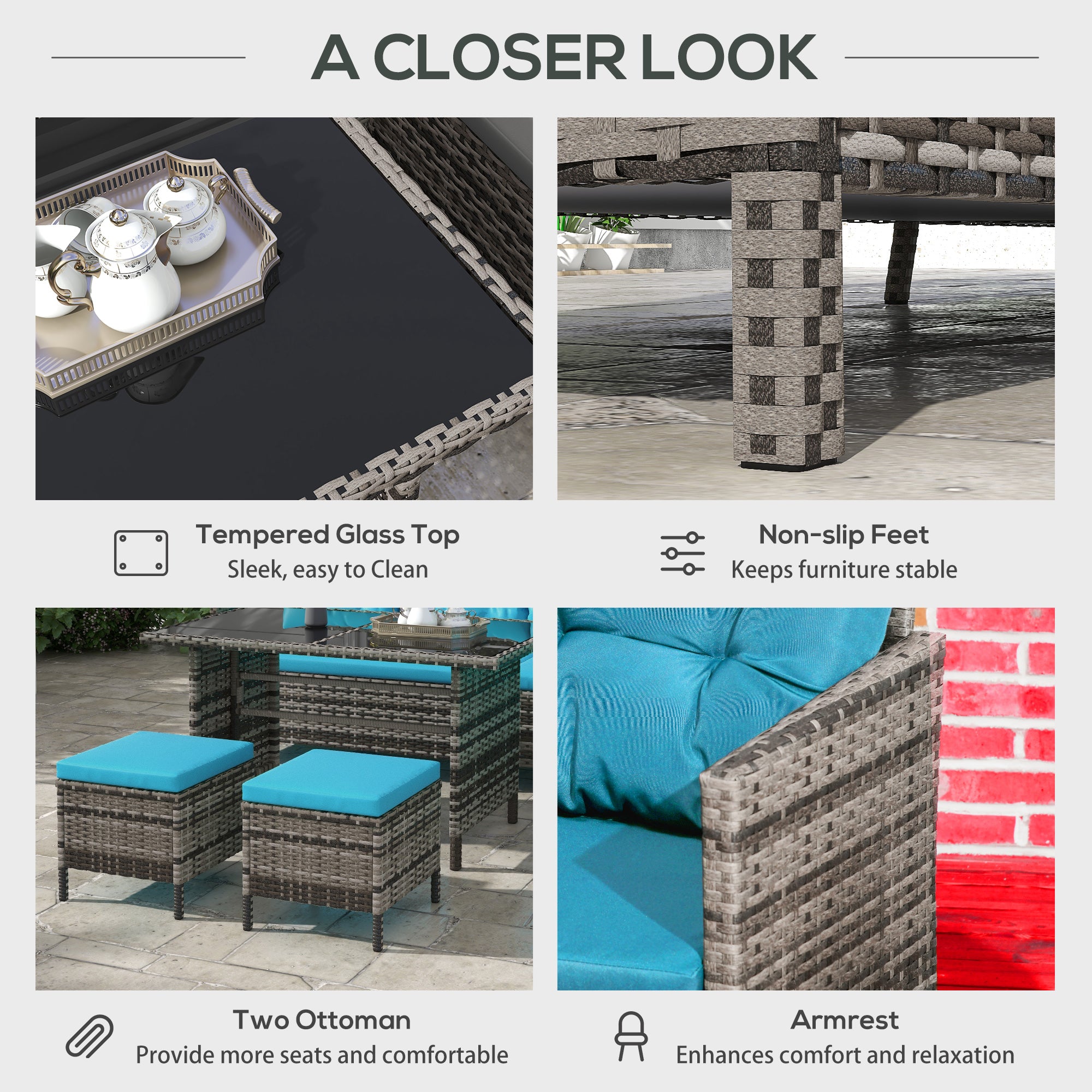 Outsunny 6 Pieces Patio Dining Set Wicker Outdoor Furniture Set Garden Rattan Sofa Set Outdoor Sectional Couch with Cushions, Dining Table and Ottomans, Sky Blue