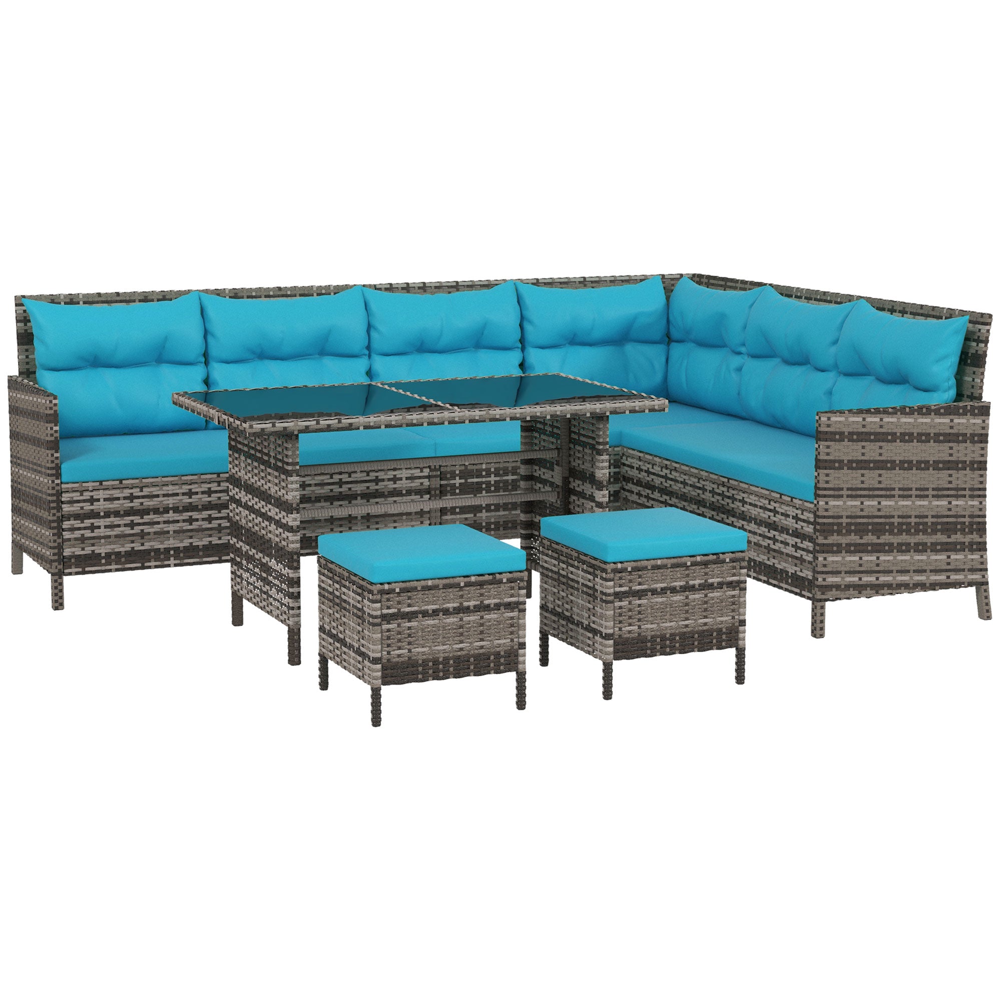 Outsunny 6 Pieces Patio Dining Set Wicker Outdoor Furniture Set Garden Rattan Sofa Set Outdoor Sectional Couch with Cushions, Dining Table and Ottomans, Sky Blue