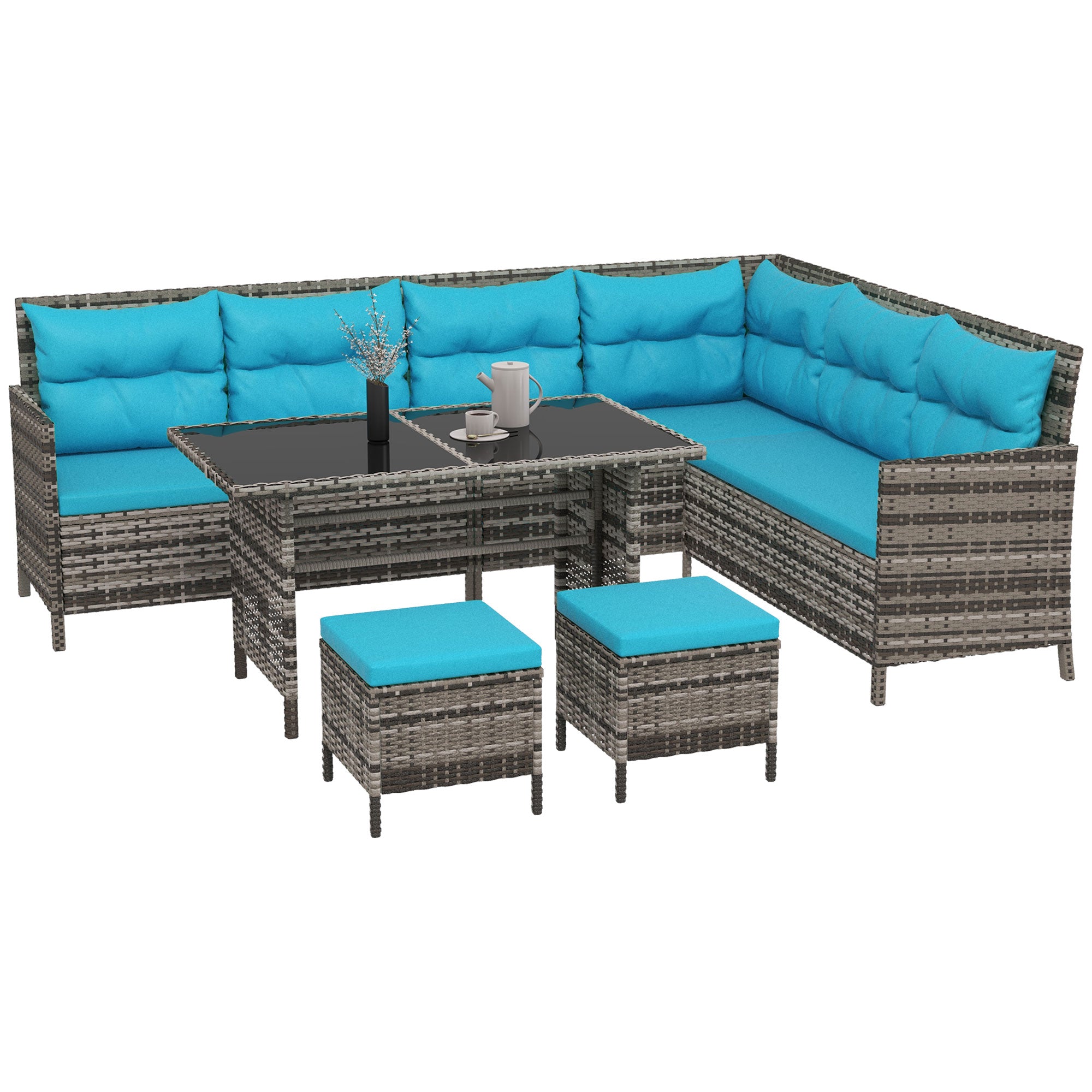 Outsunny 6 Pieces Patio Dining Set Wicker Outdoor Furniture Set Garden Rattan Sofa Set Outdoor Sectional Couch with Cushions, Dining Table and Ottomans, Sky Blue