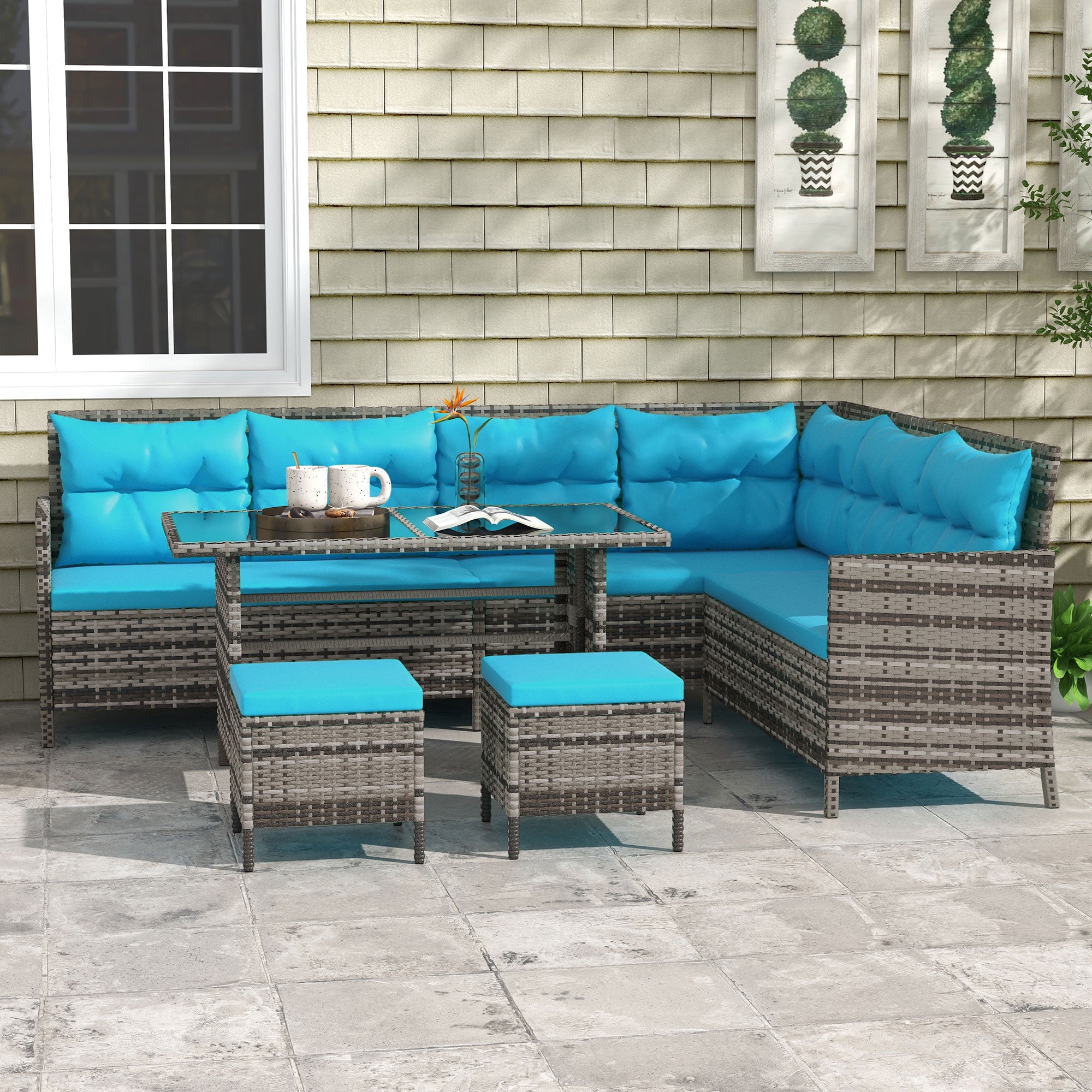 Outsunny 6 Pieces Patio Dining Set Wicker Outdoor Furniture Set Garden Rattan Sofa Set Outdoor Sectional Couch with Cushions, Dining Table and Ottomans, Sky Blue