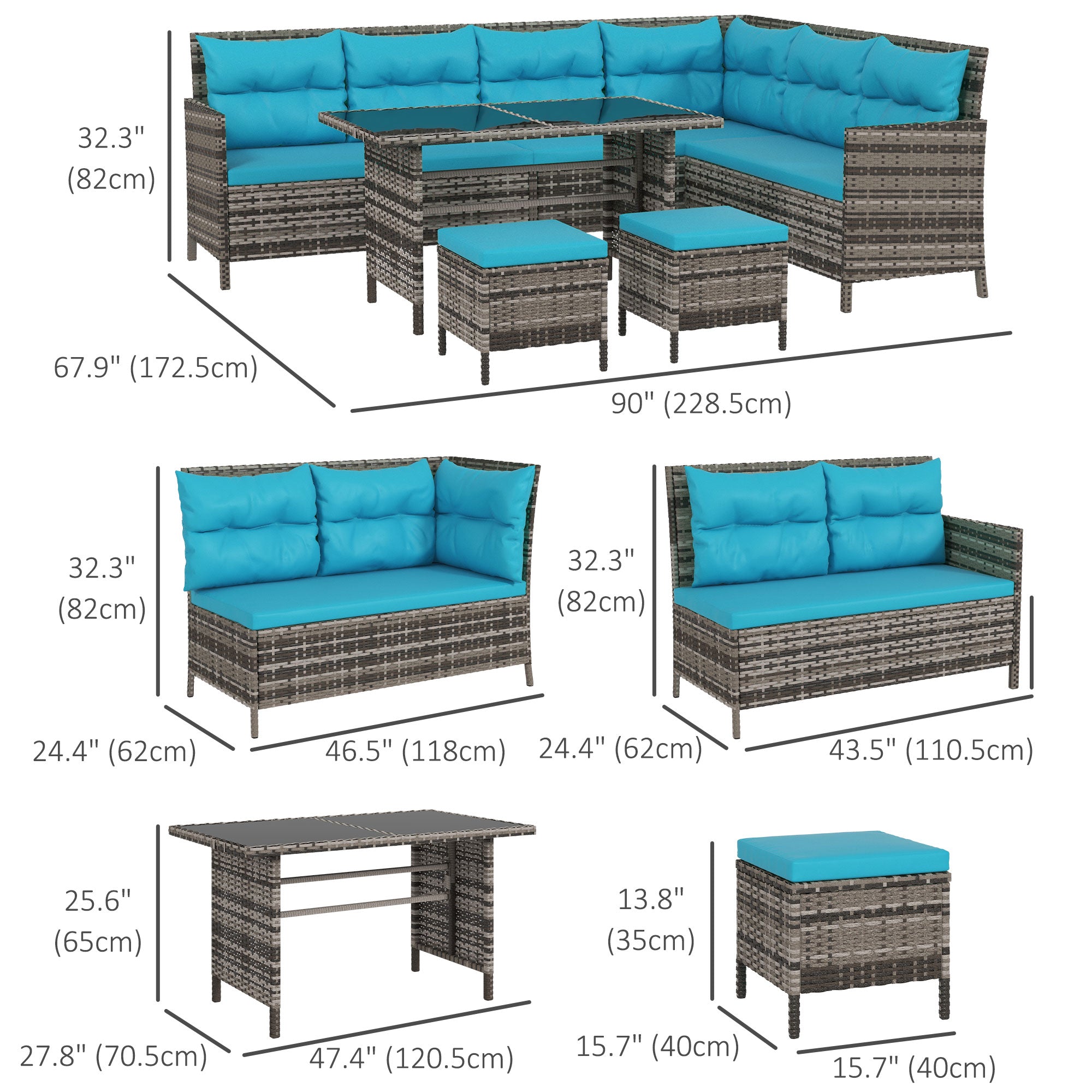 Outsunny 6 Pieces Patio Dining Set Wicker Outdoor Furniture Set Garden Rattan Sofa Set Outdoor Sectional Couch with Cushions, Dining Table and Ottomans, Sky Blue