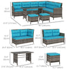 Outsunny 6 Pieces Patio Dining Set Wicker Outdoor Furniture Set Garden Rattan Sofa Set Outdoor Sectional Couch with Cushions, Dining Table and Ottomans, Sky Blue