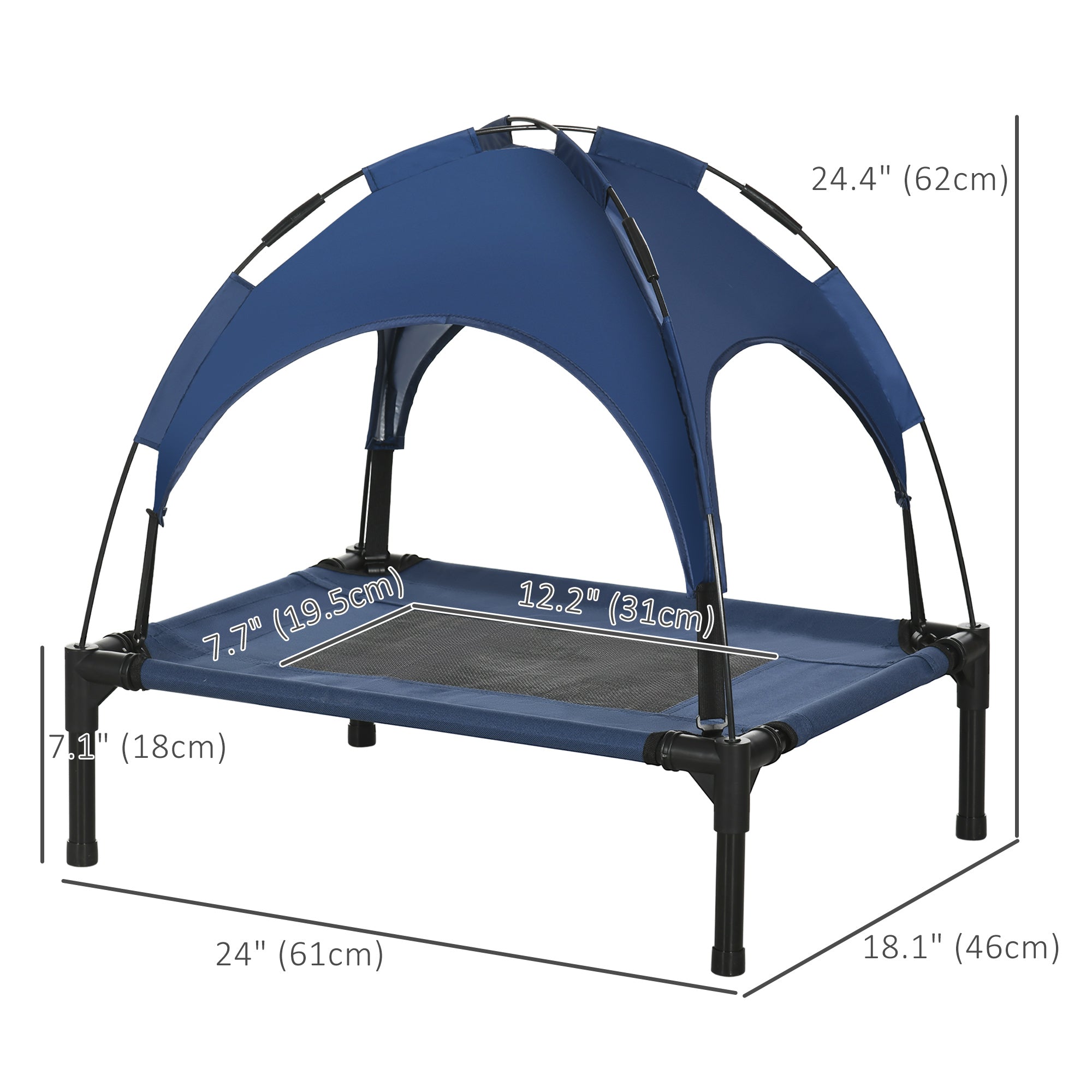 PawHut Elevated Dog Bed with Canopy, Portable Raised Dog Cot for S Sized Dogs, Indoor & Outdoor, 25" x 18" x 24", Dark Blue