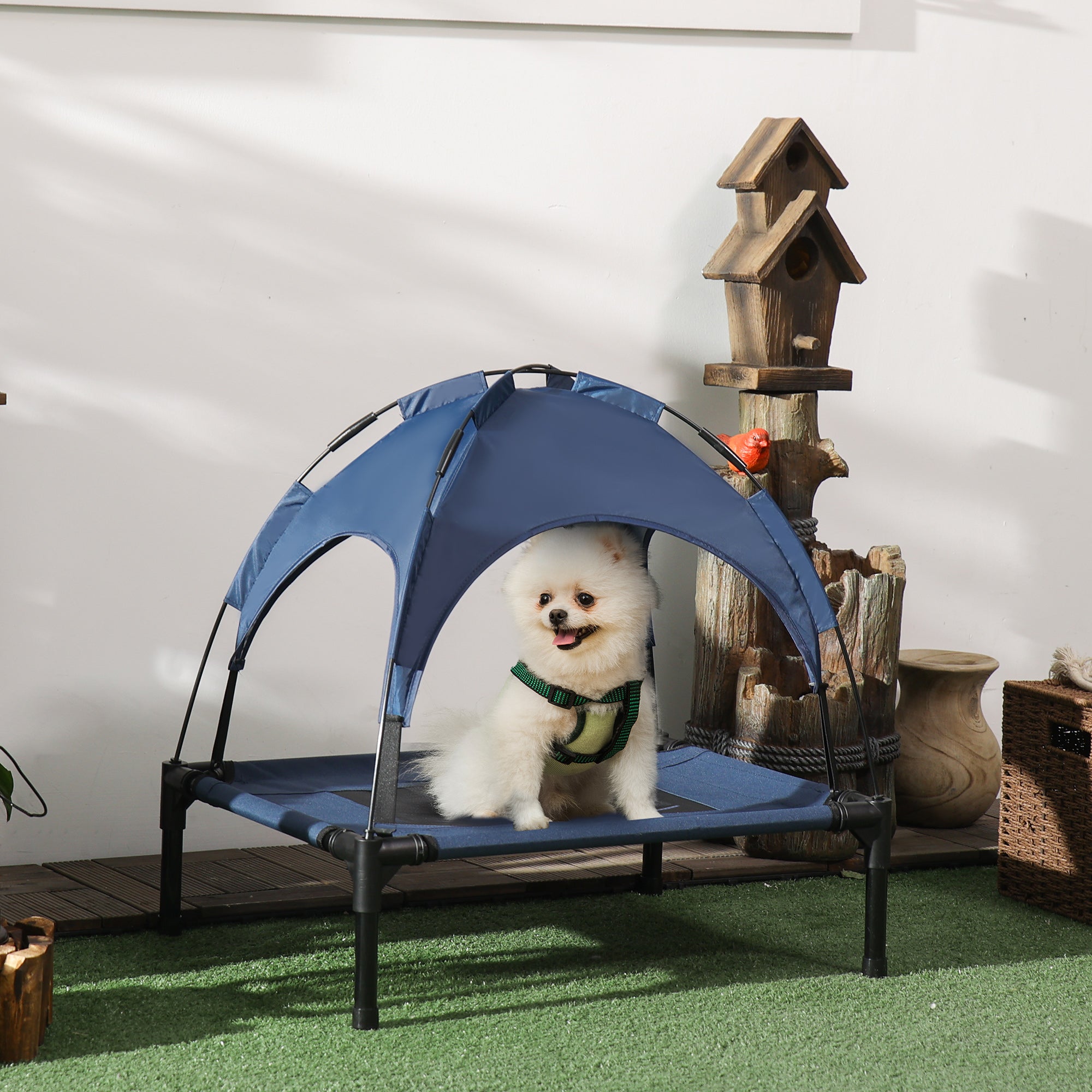PawHut Elevated Dog Bed with Canopy, Portable Raised Dog Cot for S Sized Dogs, Indoor & Outdoor, 25" x 18" x 24", Dark Blue