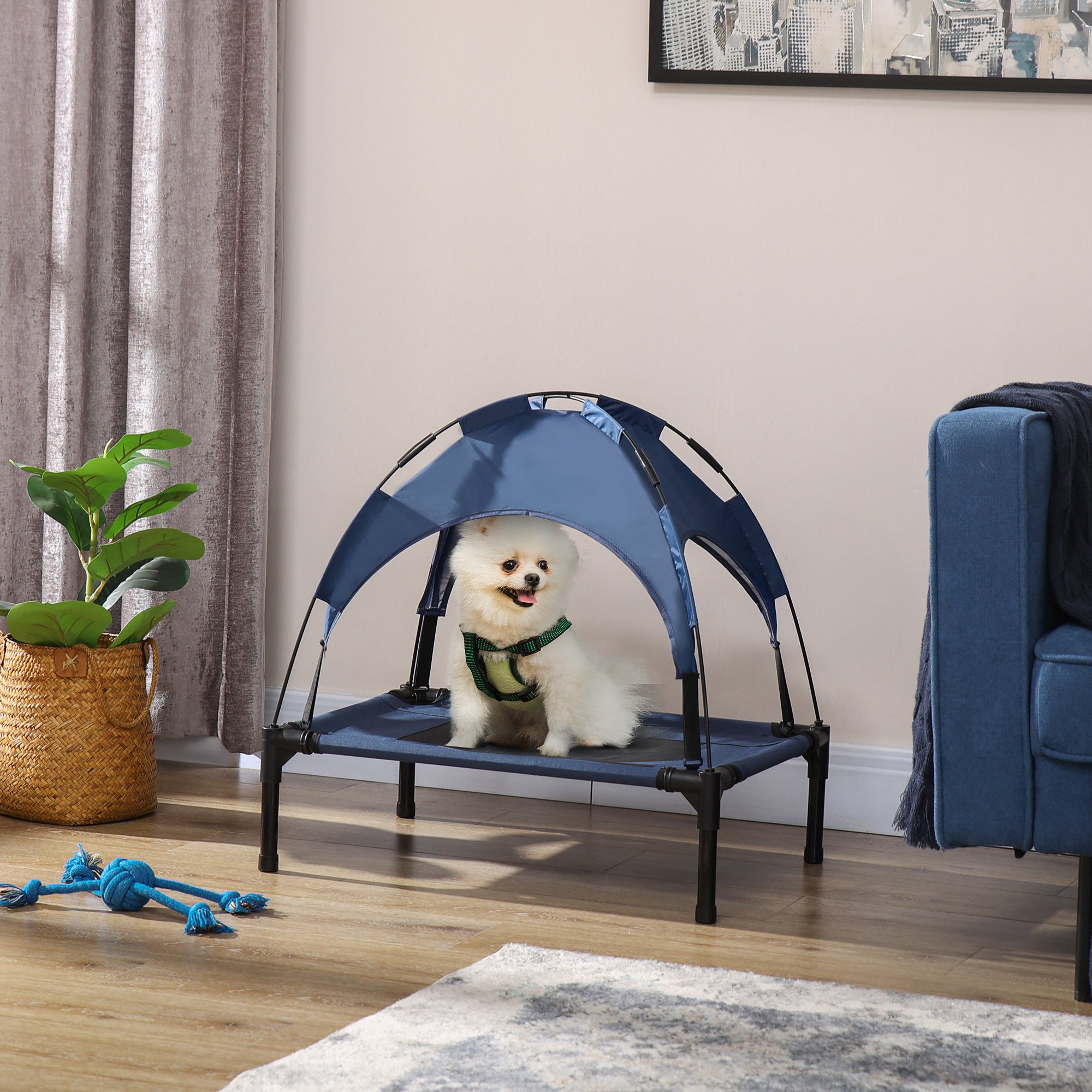 PawHut Elevated Dog Bed with Canopy, Portable Raised Dog Cot for S Sized Dogs, Indoor & Outdoor, 25" x 18" x 24", Dark Blue