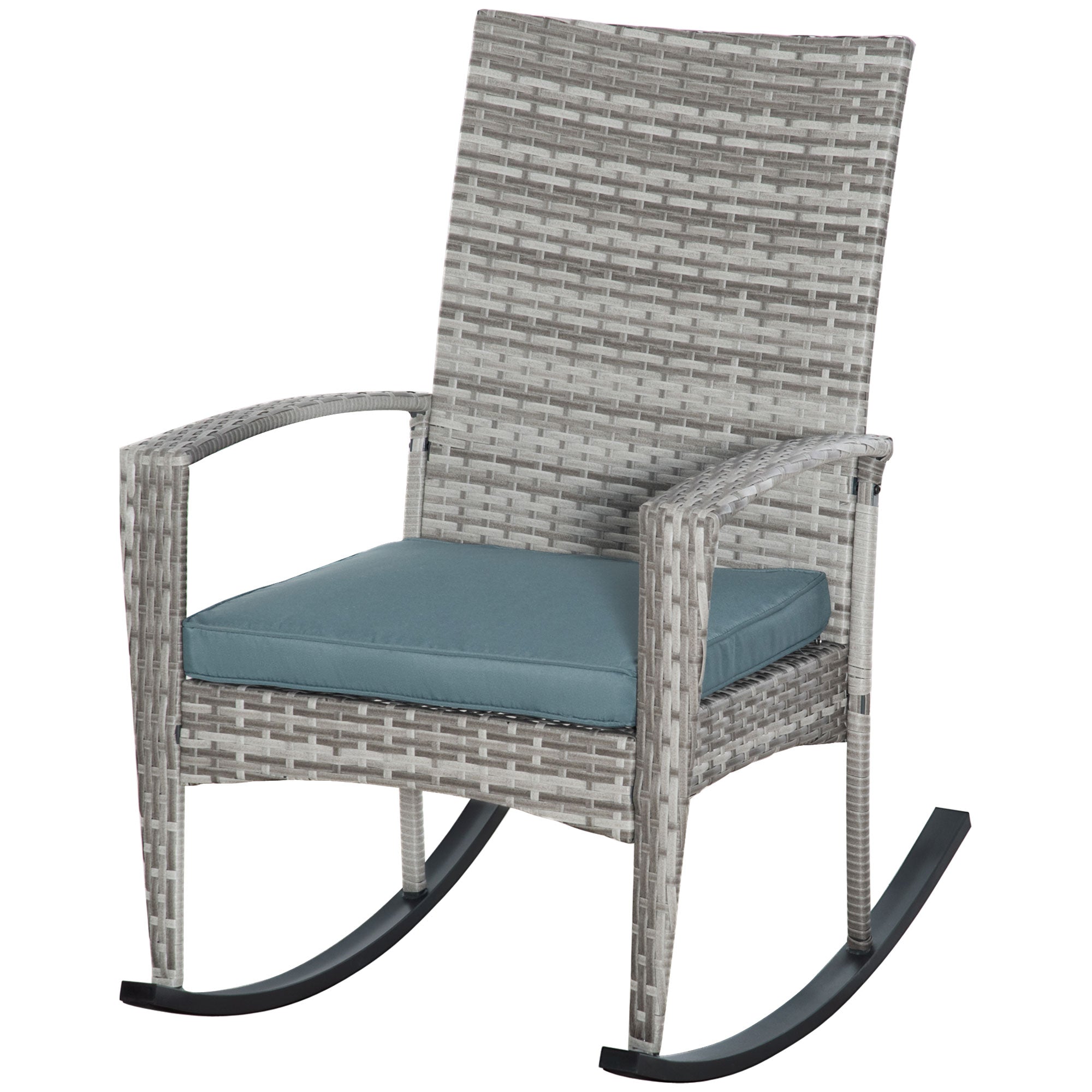 Outsunny Outdoor PE Rattan Rocking Chair, Garden Wicker Glider Rocking Chair Set with Armrest and Cushion for Patio, Balcony, Deck, Mixed Grey