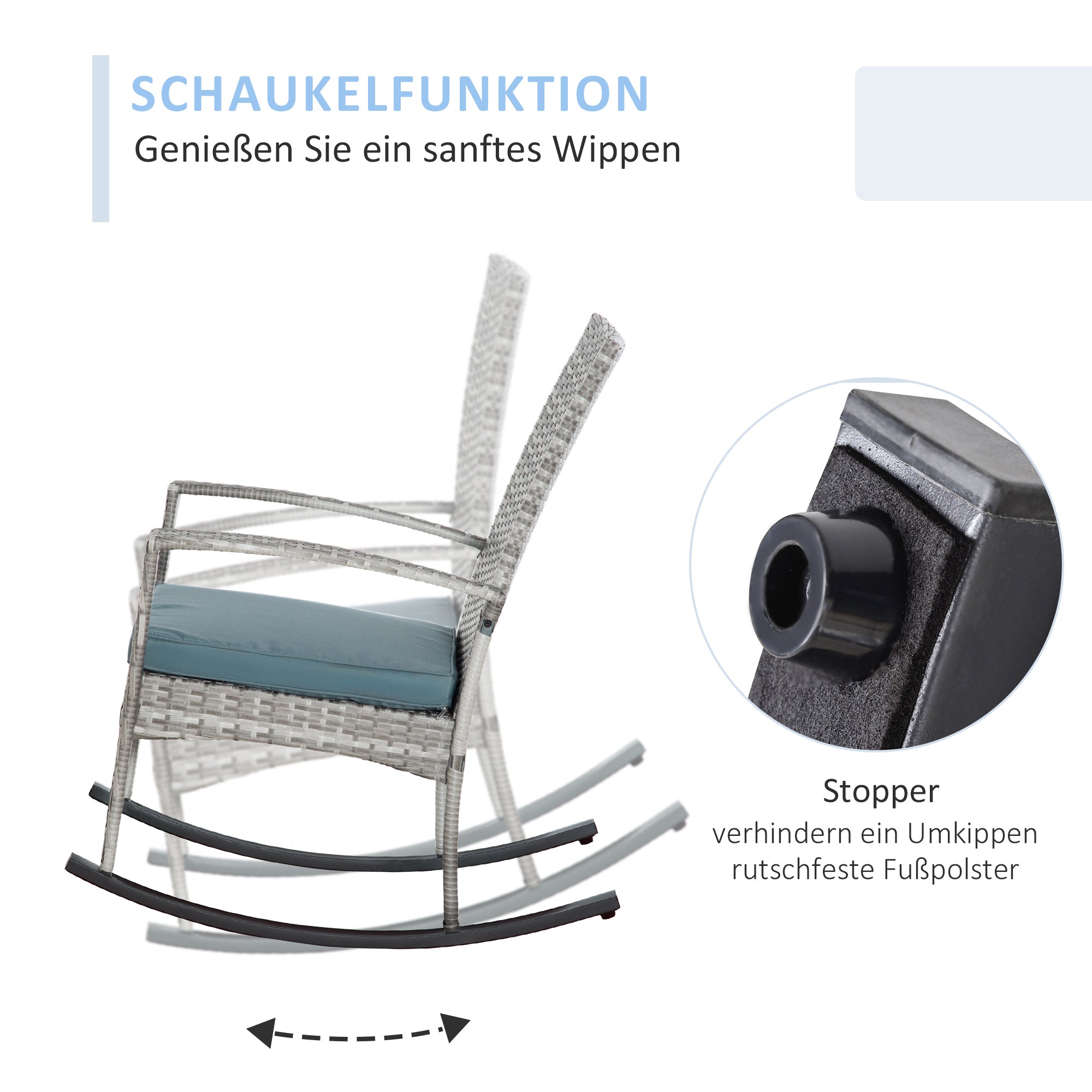 Outsunny Outdoor PE Rattan Rocking Chair, Garden Wicker Glider Rocking Chair Set with Armrest and Cushion for Patio, Balcony, Deck, Mixed Grey