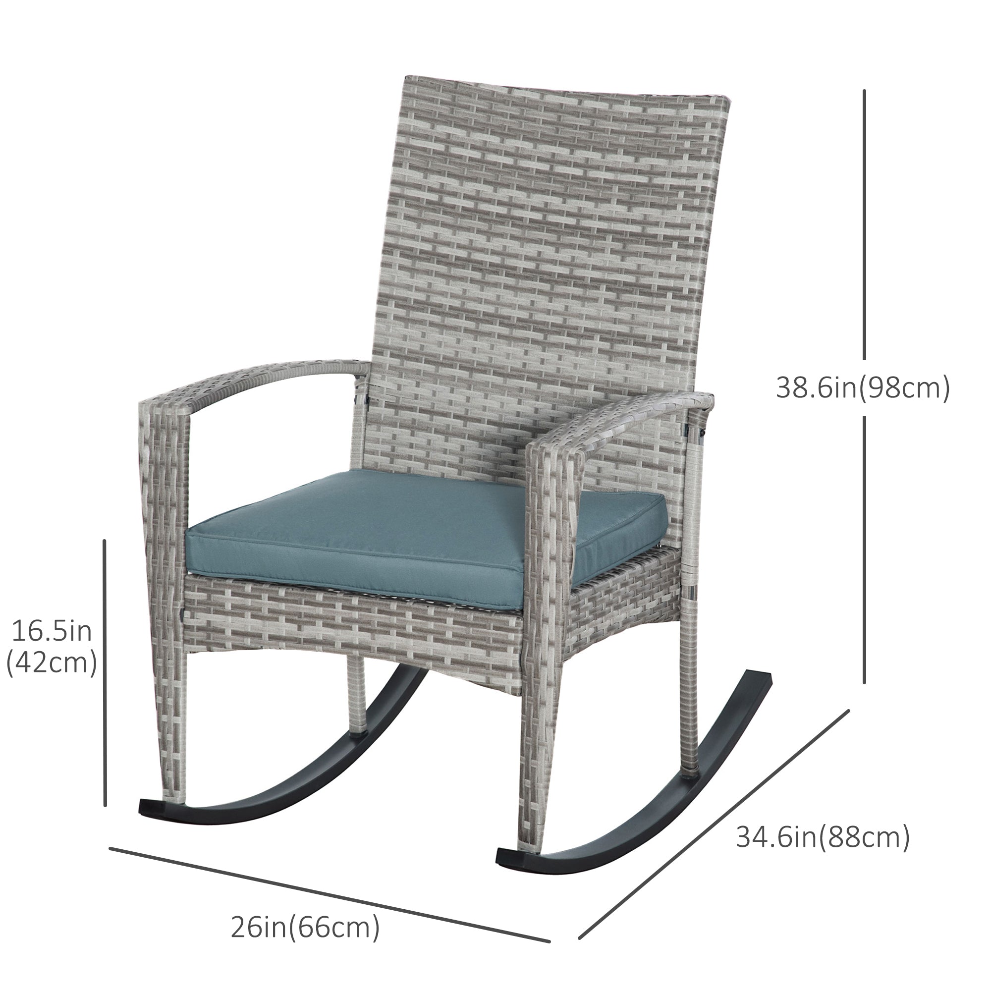 Outsunny Outdoor PE Rattan Rocking Chair, Garden Wicker Glider Rocking Chair Set with Armrest and Cushion for Patio, Balcony, Deck, Mixed Grey