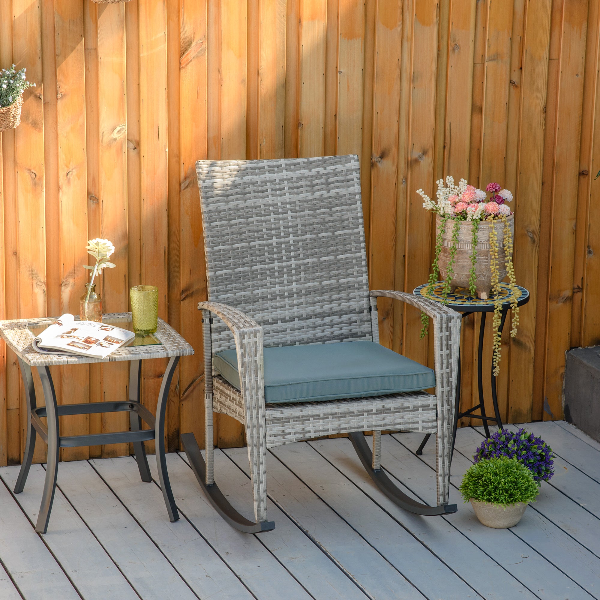 Outsunny Outdoor PE Rattan Rocking Chair, Garden Wicker Glider Rocking Chair Set with Armrest and Cushion for Patio, Balcony, Deck, Mixed Grey