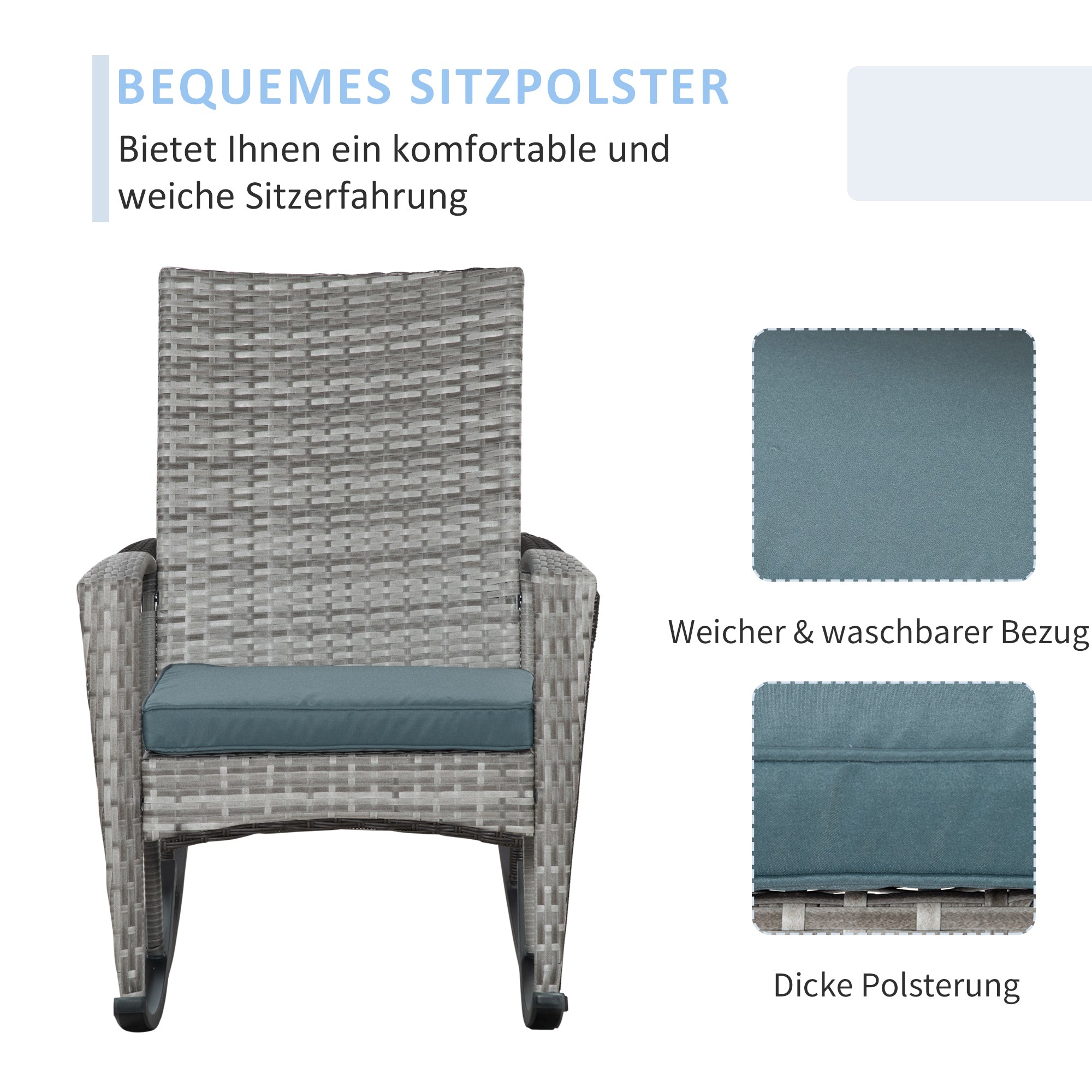 Outsunny Outdoor PE Rattan Rocking Chair, Garden Wicker Glider Rocking Chair Set with Armrest and Cushion for Patio, Balcony, Deck, Mixed Grey